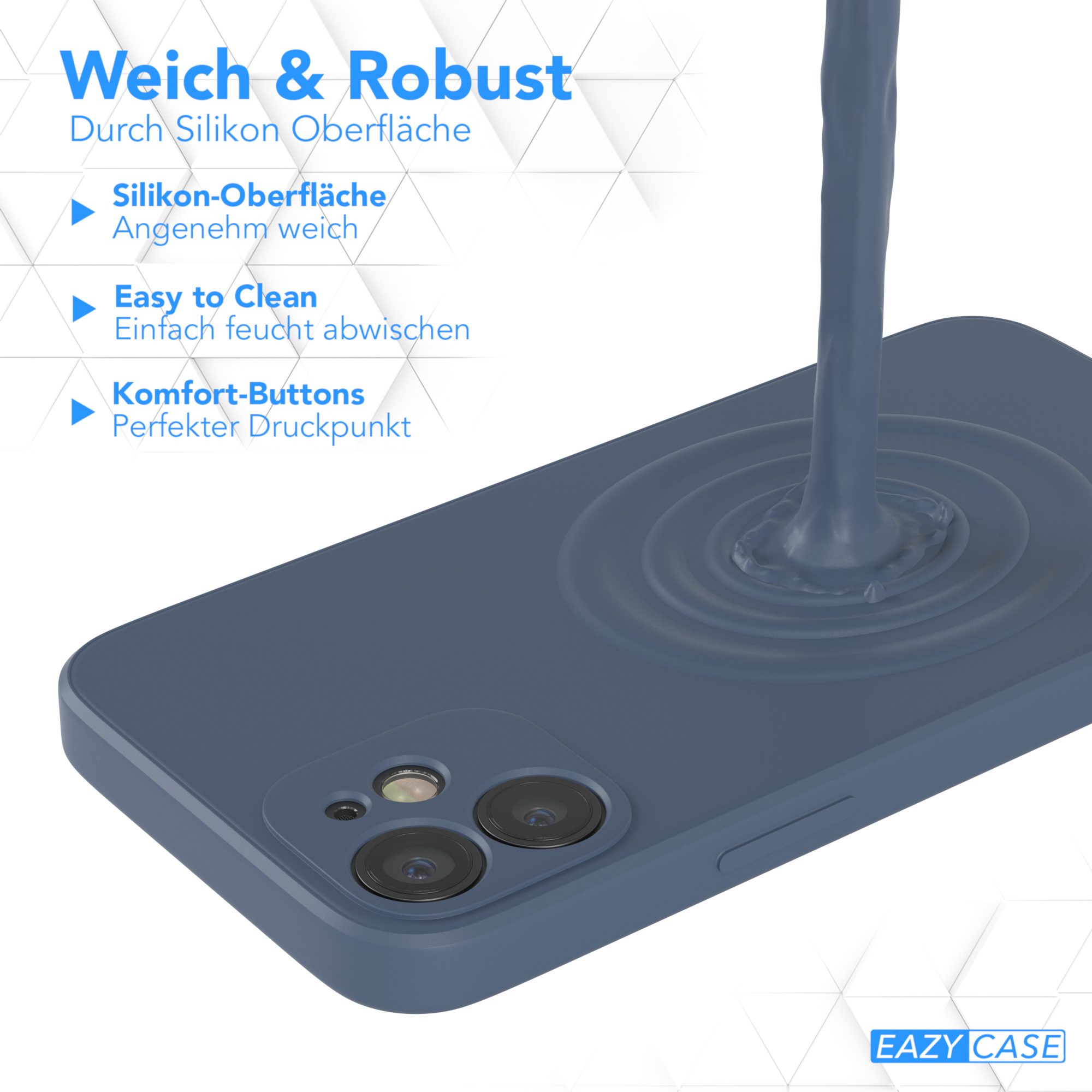 Blaue Handyhülle mit Flüssigkeit, Text oben: Weich & Robust, und die Marke EAZY CASE unten.