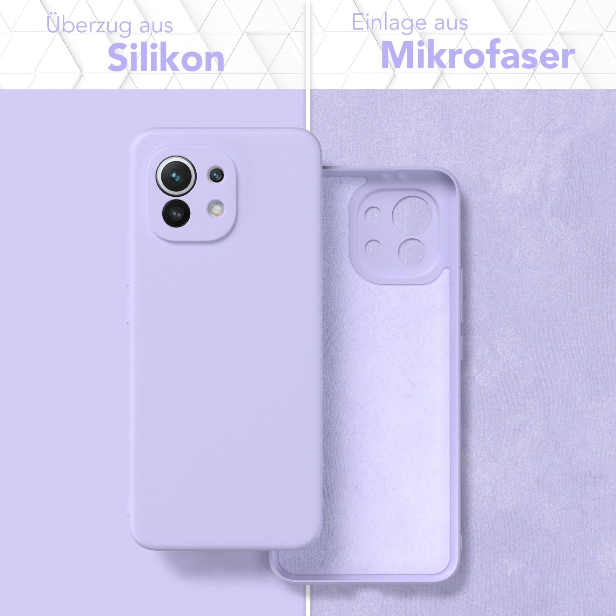 Lila Handyhülle und ihre Innentasche. Silikon- und Mikrofaser-Materialien. Der Hintergrund ist lila.