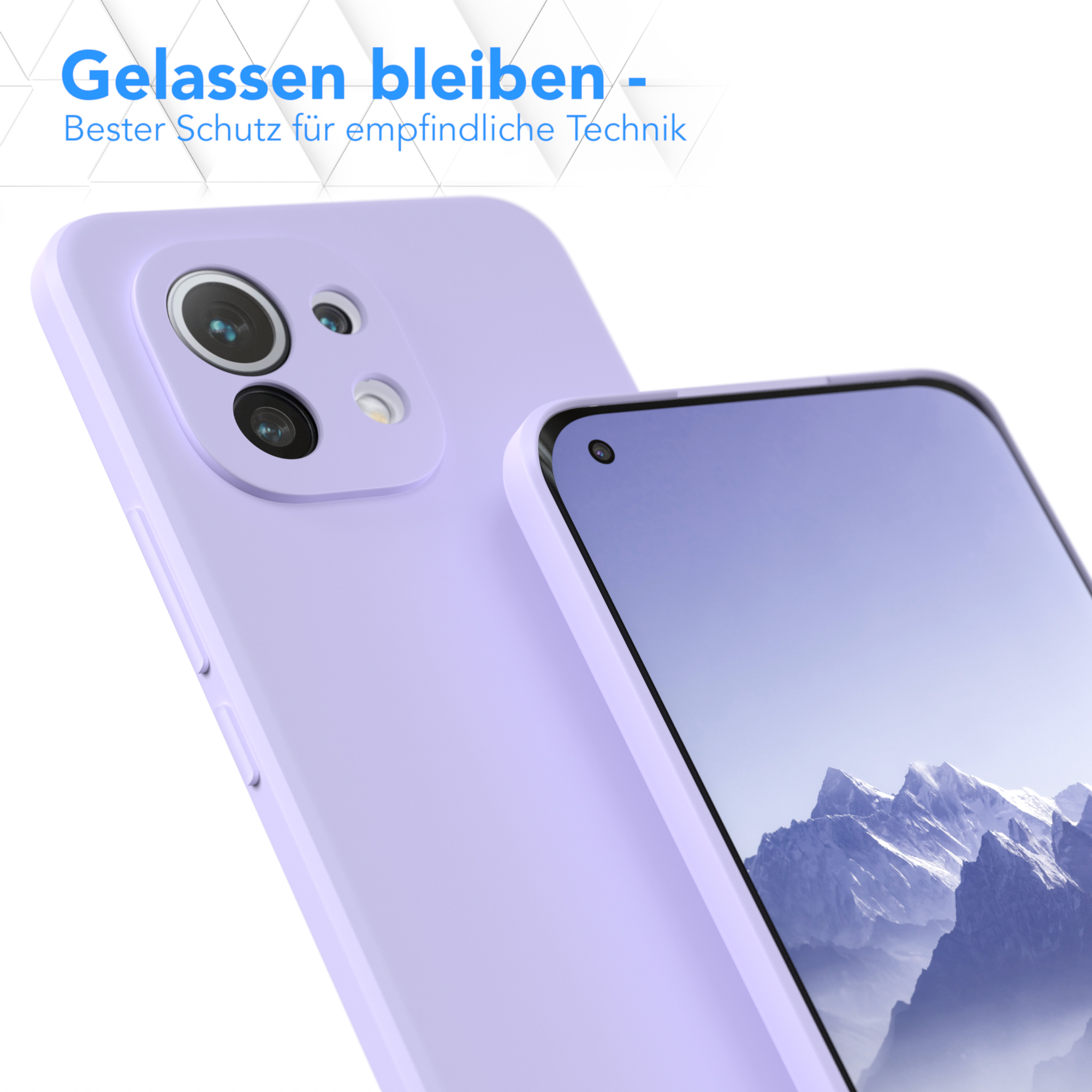 Lila Handyhülle und Telefon. Text: Bleiben Sie gelassen - Bester Schutz für empfindliche Technik.