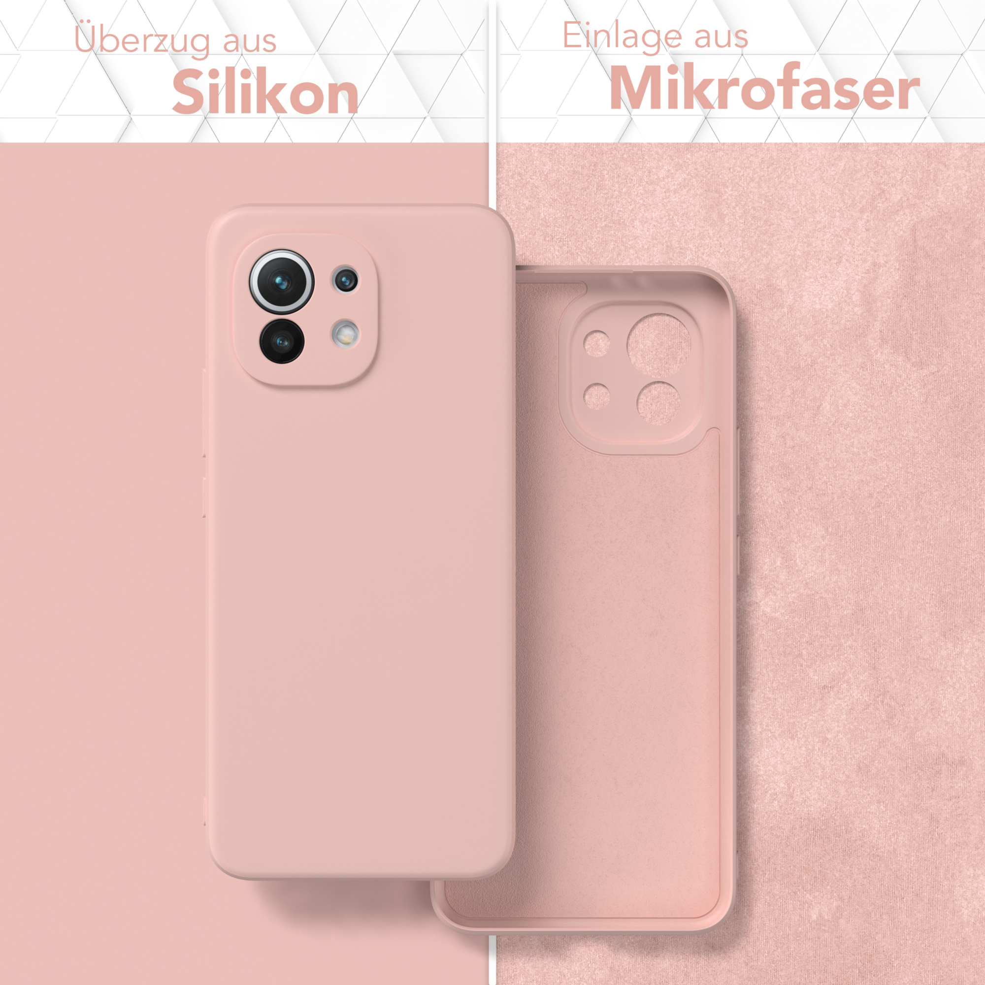 Zwei Handyhüllen, eine rosa und die andere innen. Der Text links lautet Silikon und rechts Mikrofaser.