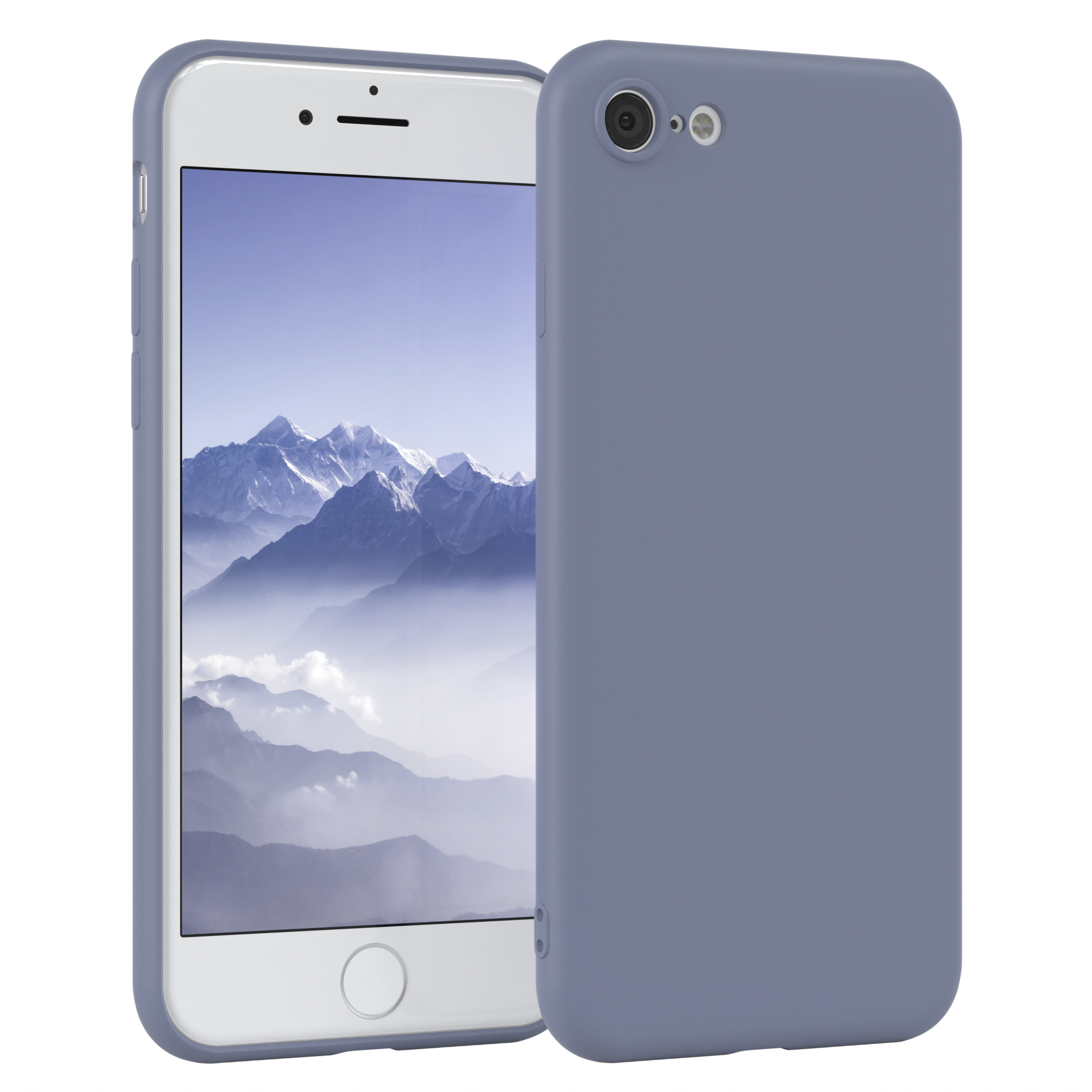 Ein weißes Telefon mit blauer Hülle auf weißem Grund.