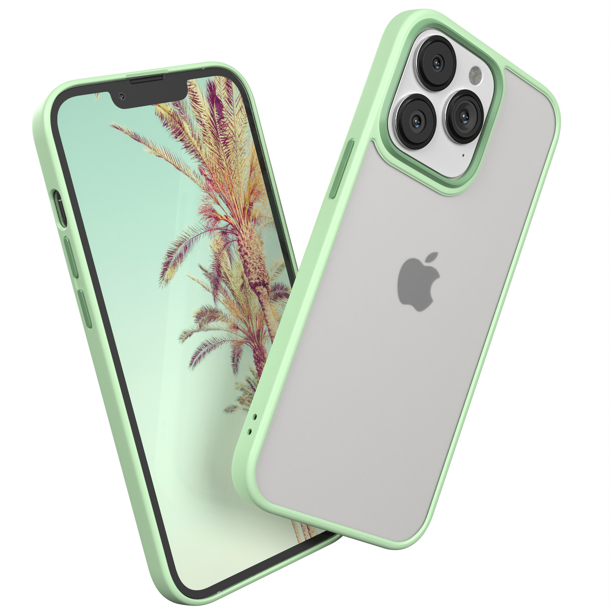 Zwei Telefone in Hüllen; eines mit Strandszene, das andere mit Apple-Logo.