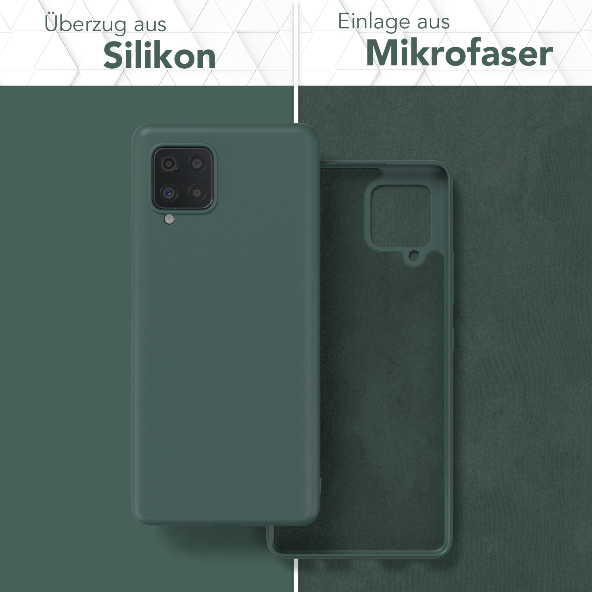 Zweiteilige Handyhülle, eine grün, eine klar. Silikon außen, Mikrofaser innen, grüner Hintergrund.