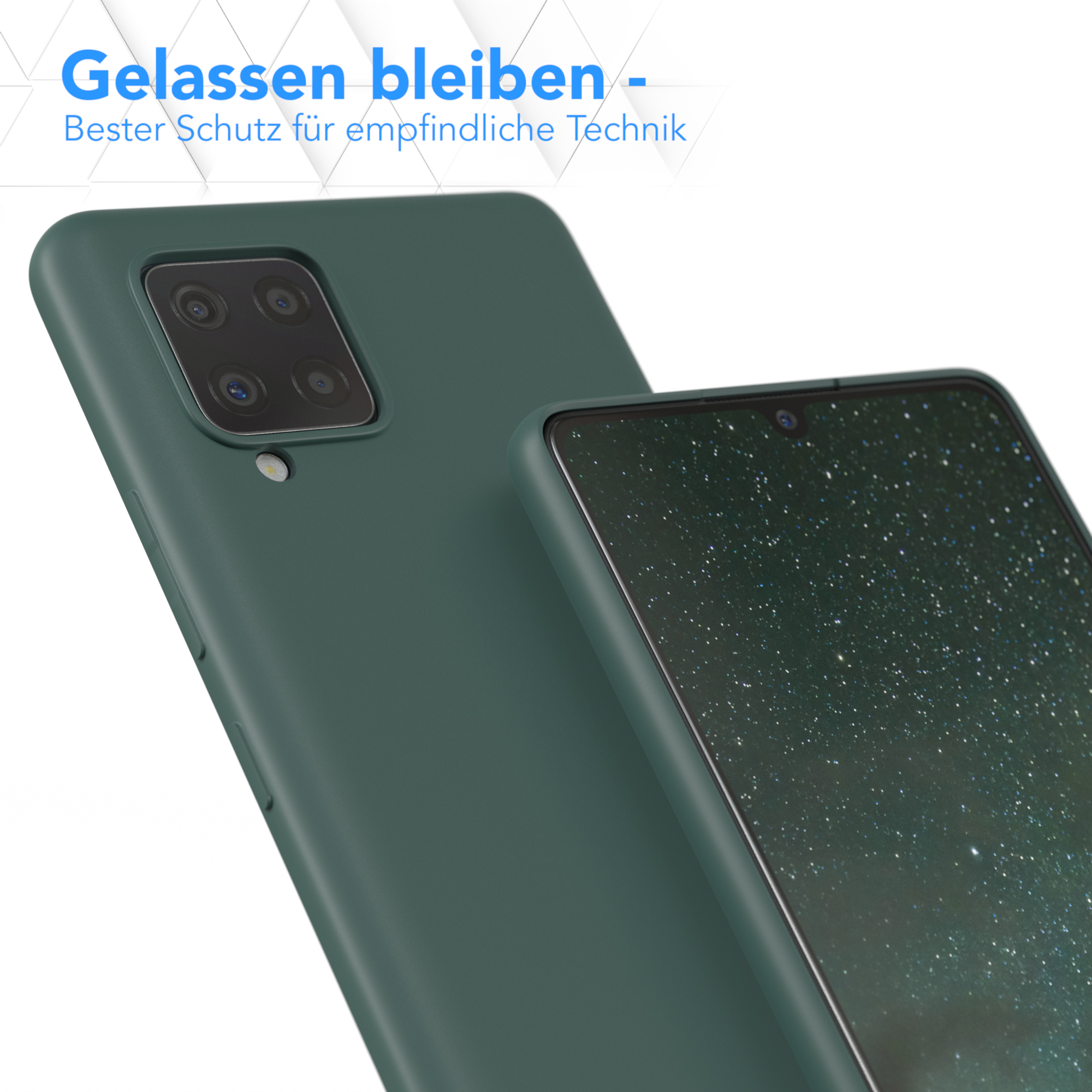 Zwei Telefone mit grüner Hülle, eines im Fokus. Text: Entspannt bleiben, bester Schutz für empfindliche Technik.