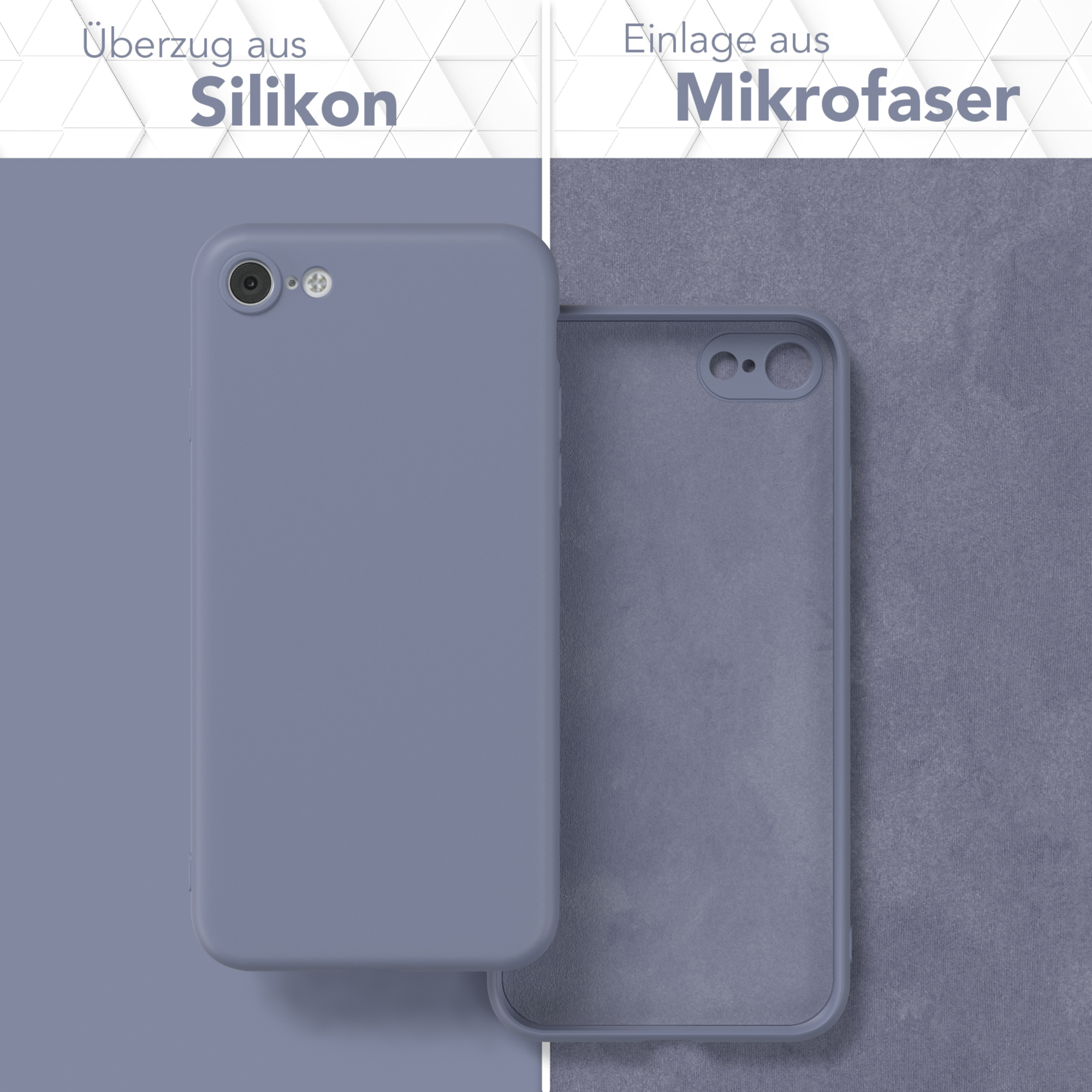 Handyhülle: links Silikonhülle; rechts Mikrofaser-Einsatz. Blau-Grau-Farbschema.