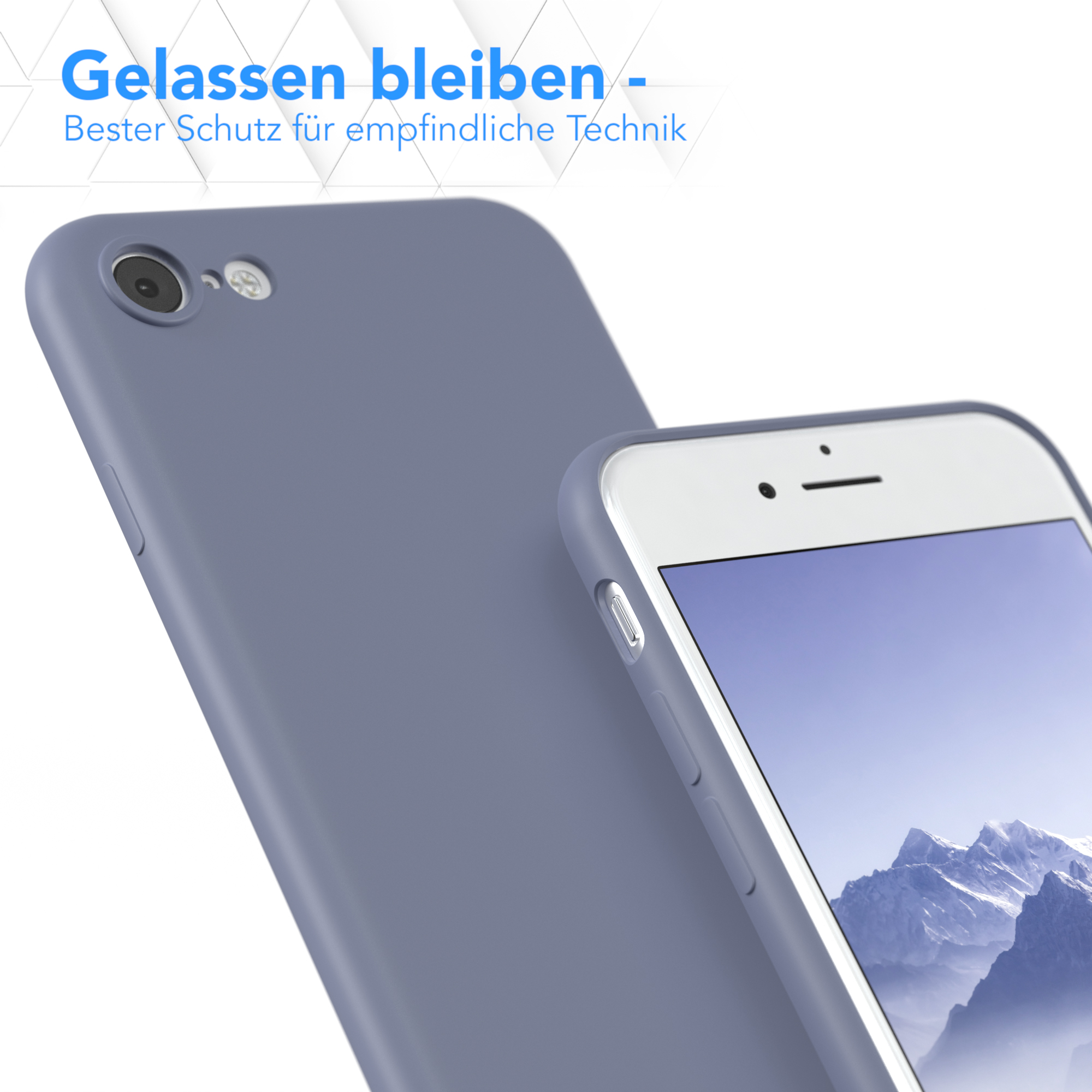 Telefon in blauem Gehäuse vor blauem Hintergrund mit Bergkette.