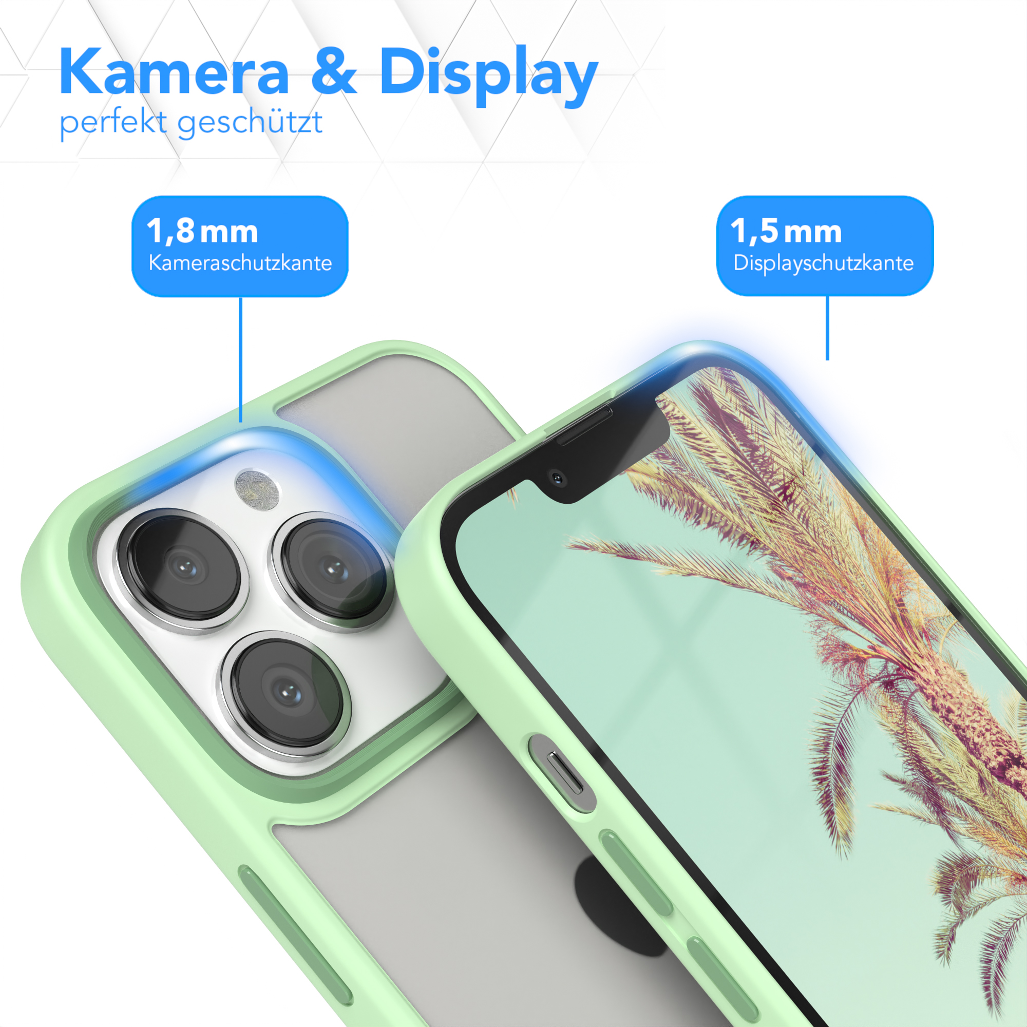 Handyhülle und Telefon, Kamera und Bildschirm zeigend, mit Text über Schutz.