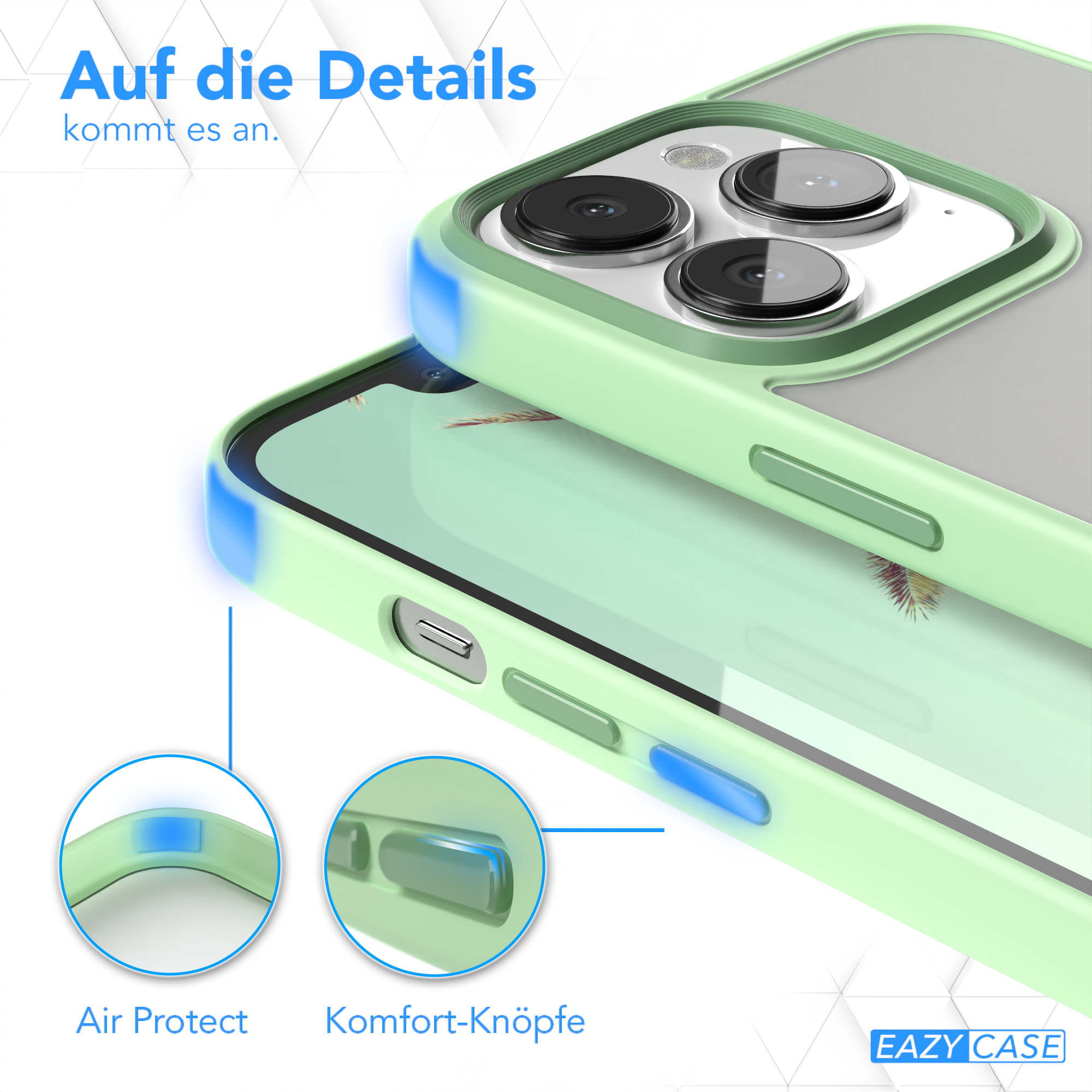Grüne Handyhülle mit blauen Akzenten. Text: Air protect, Komfort-Knöpfe.
