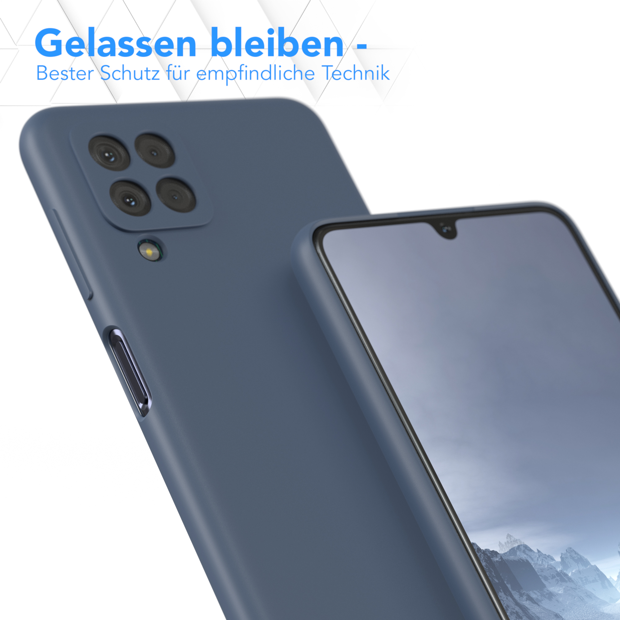Nahaufnahme einer Handyhülle auf einem Telefon. Die Hülle ist blau und das Telefon dunkel.