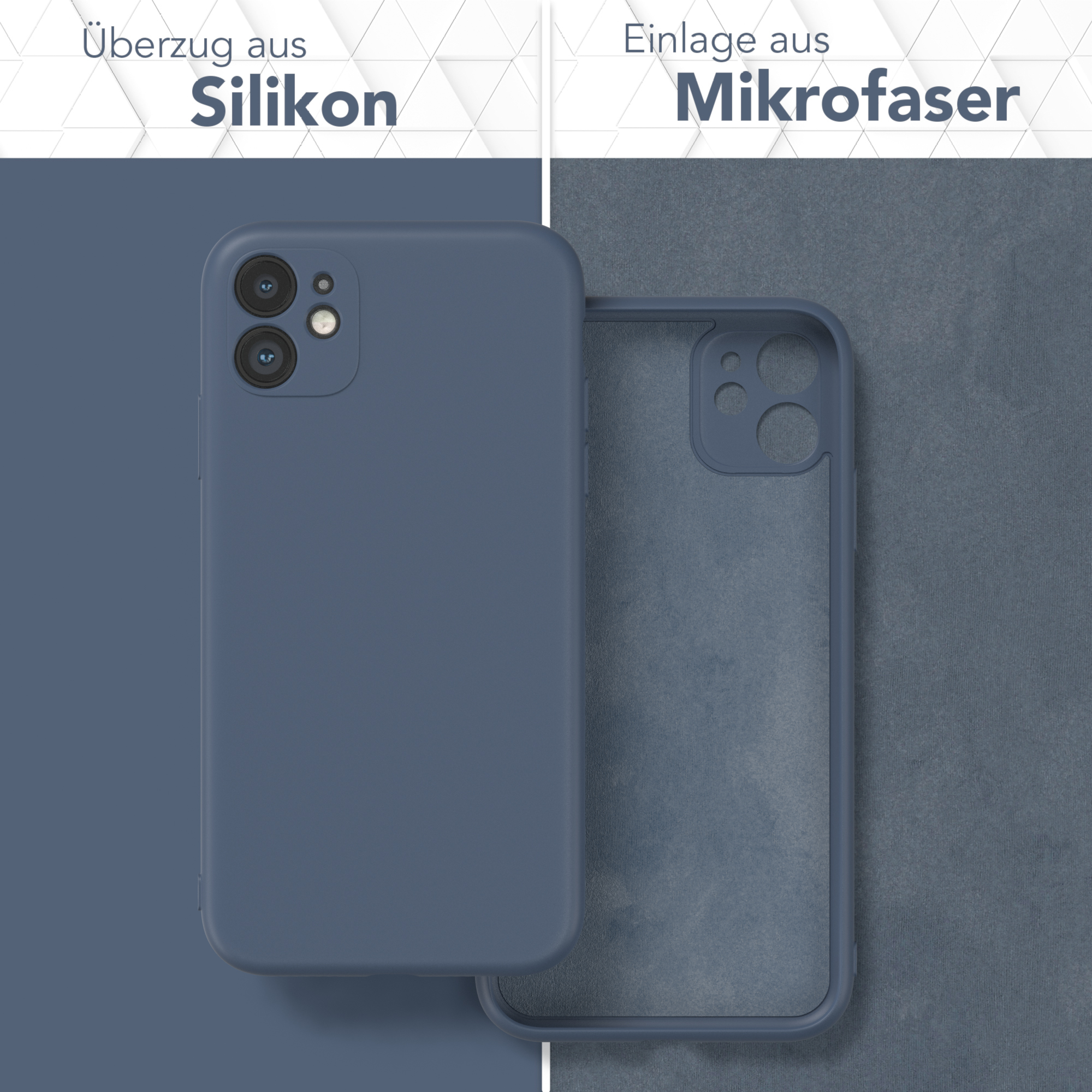 Handyhülle, blau. Links Silikon, rechts Mikrofaser. Text sagt 'Silikon' und 'Mikrofaser'.