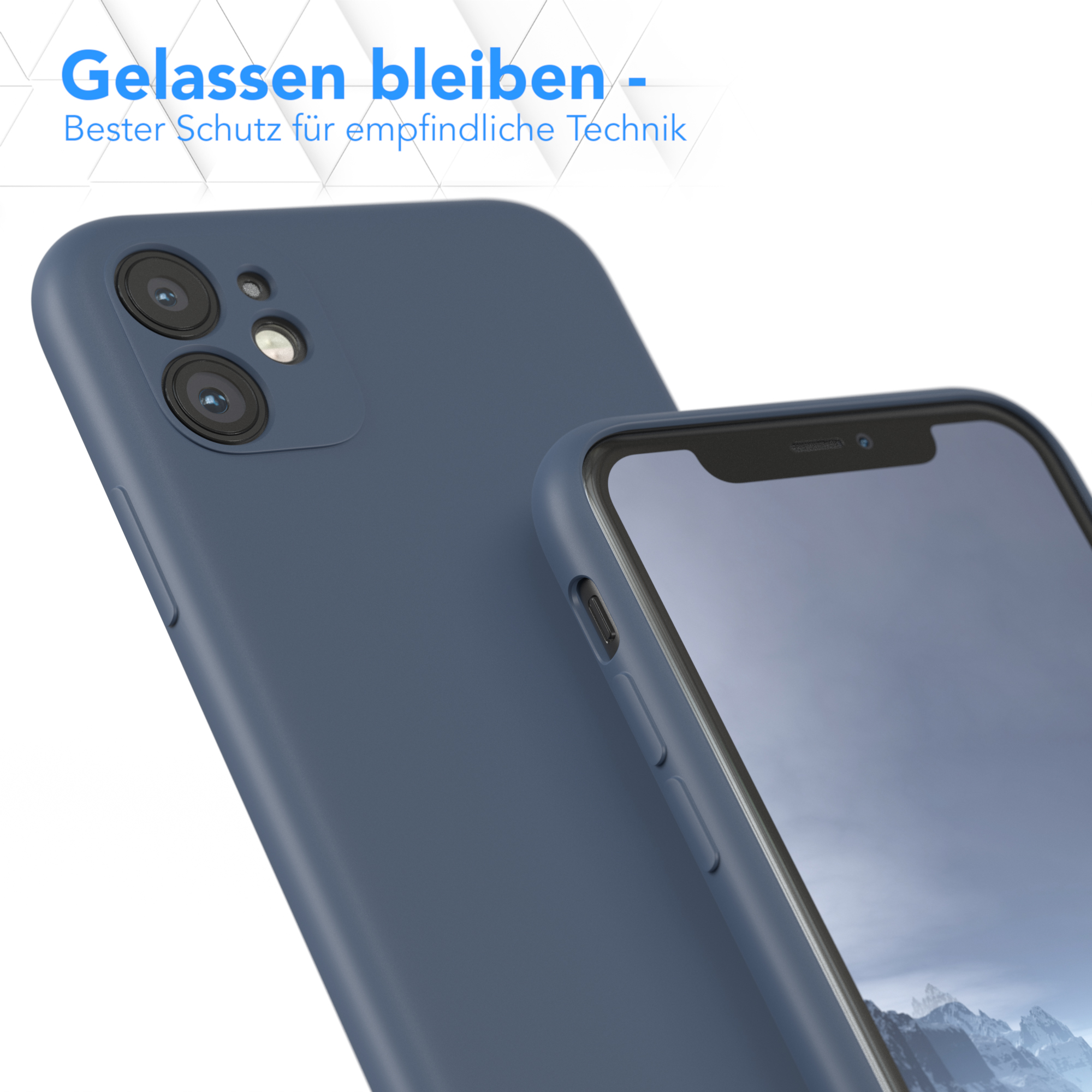 Zwei Handyhüllen und ein Telefon. Das Telefon befindet sich in einer blauen Hülle. Text sagt "Gelassen bleiben".
