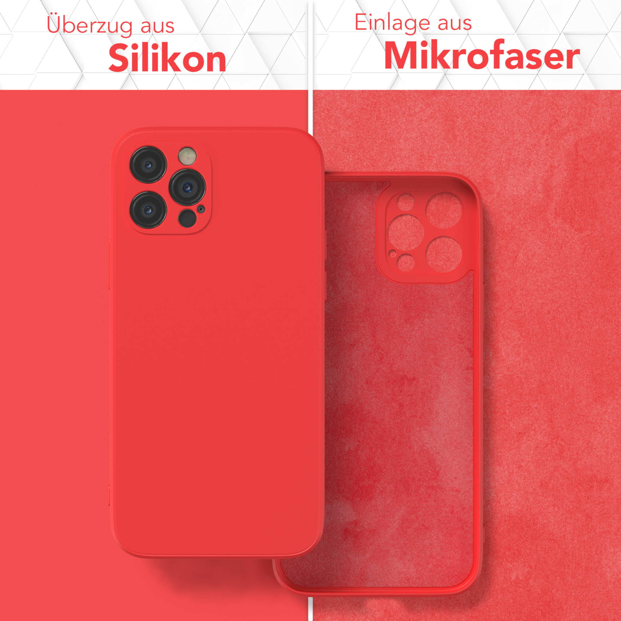 Zwei Handyhüllen, eine rot, die andere mit rotem Mikrofaser-Innenraum, beide auf rotem Hintergrund.