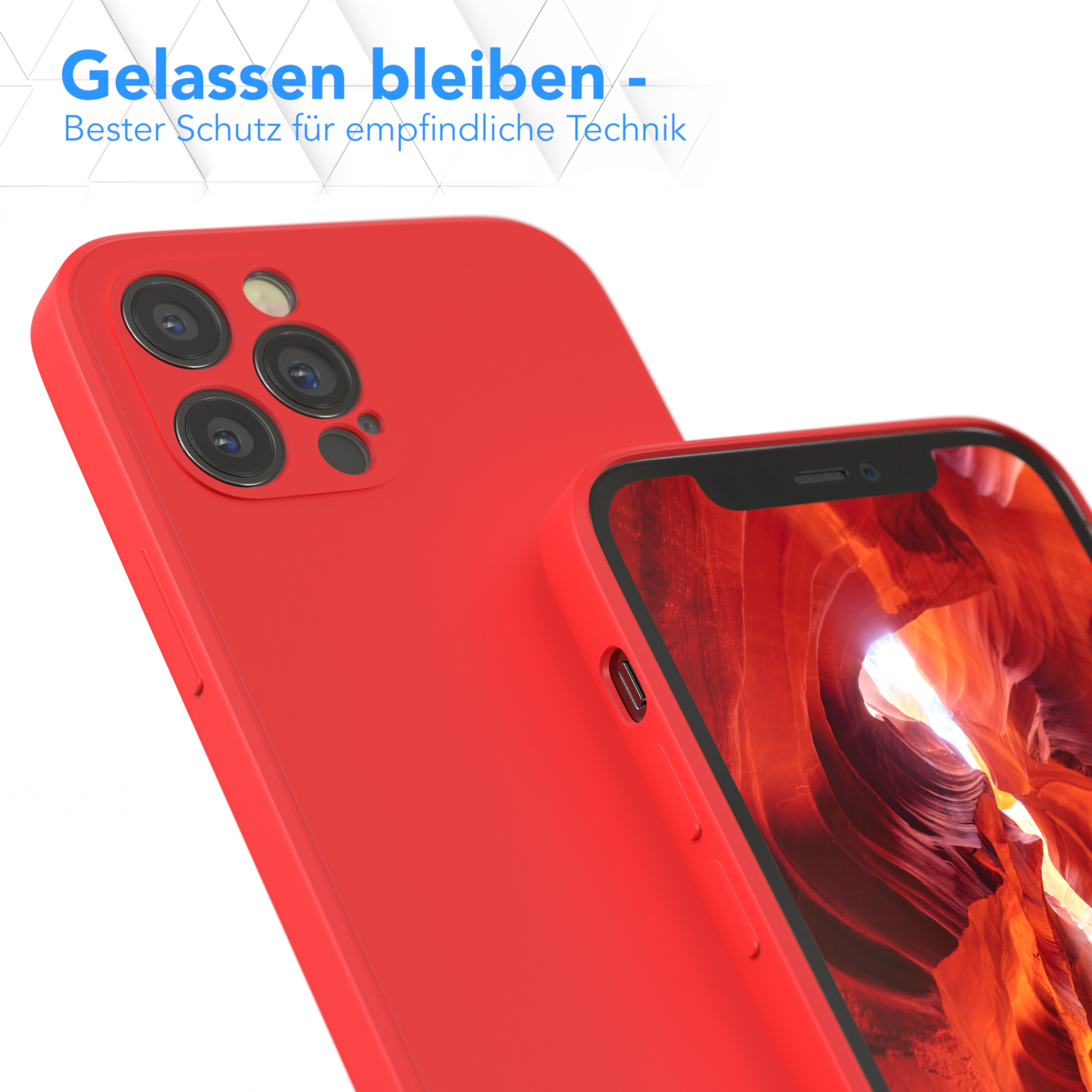 Rote Handyhülle mit Handy, Rückansicht. Weißer Hintergrund, Text.
