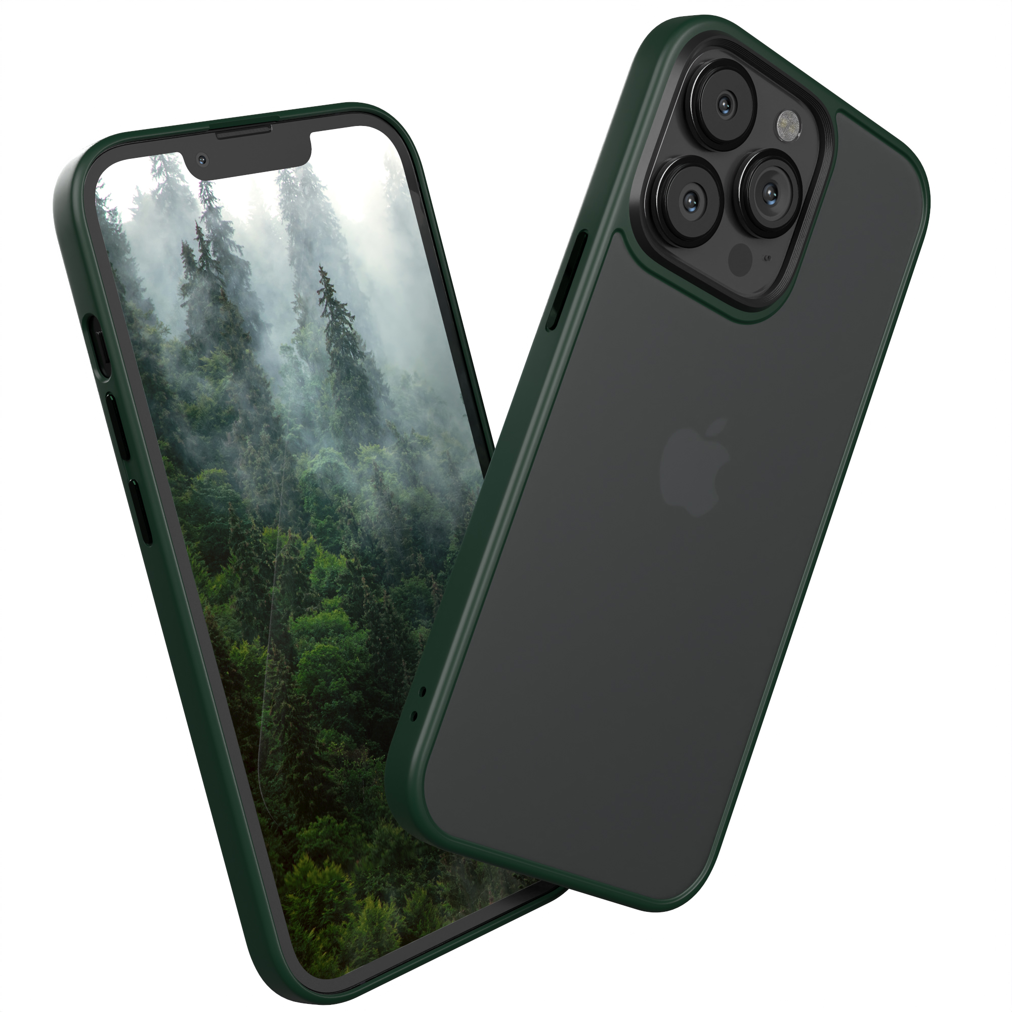 Eine grüne Handyhülle mit einem Telefon darin. Das Telefon zeigt eine Waldszene. Die Hülle ist um das Telefon.