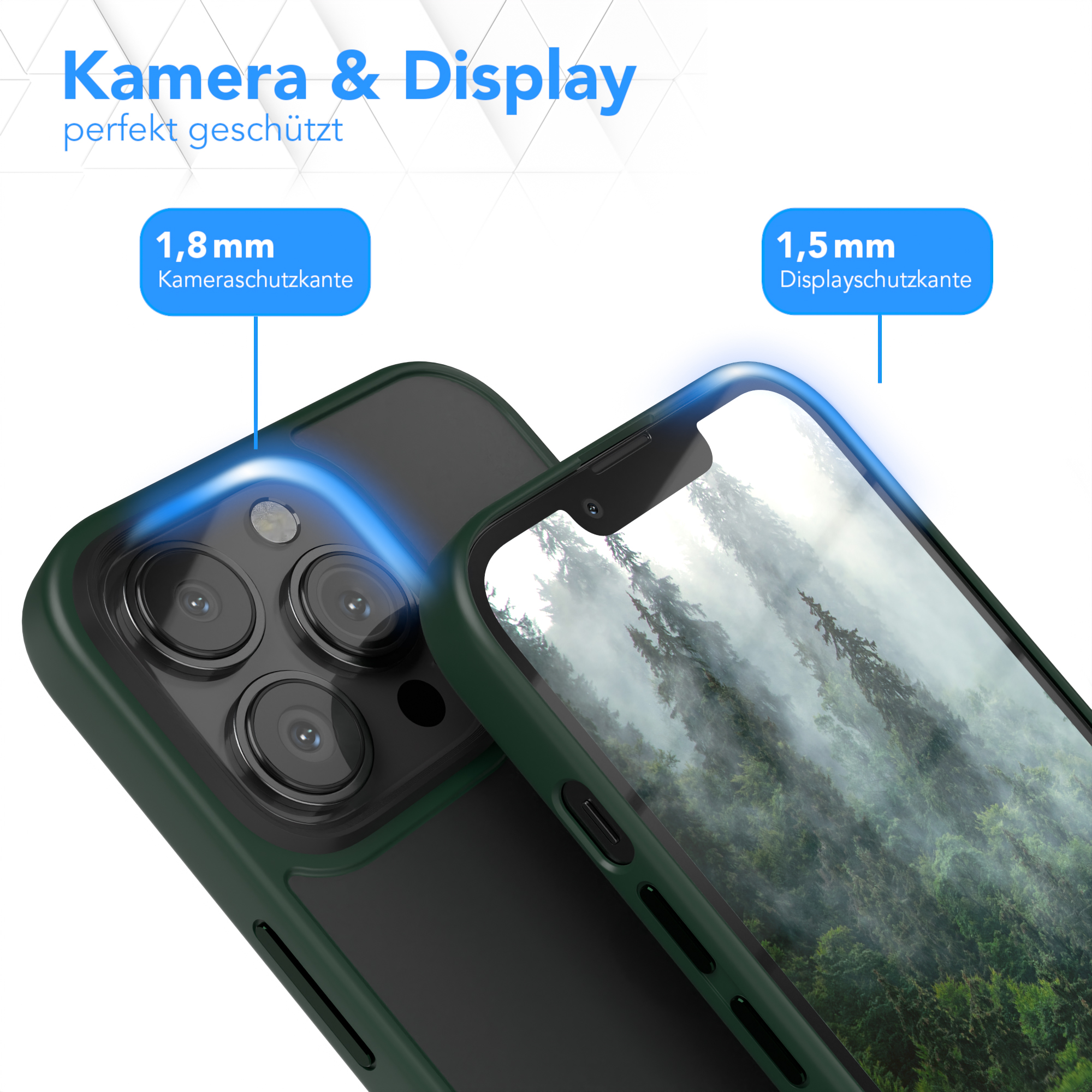 Grüne Handyhülle mit Telefon, das ein Wald zeigt. Text: Kamera & Display perfekt geschützt.