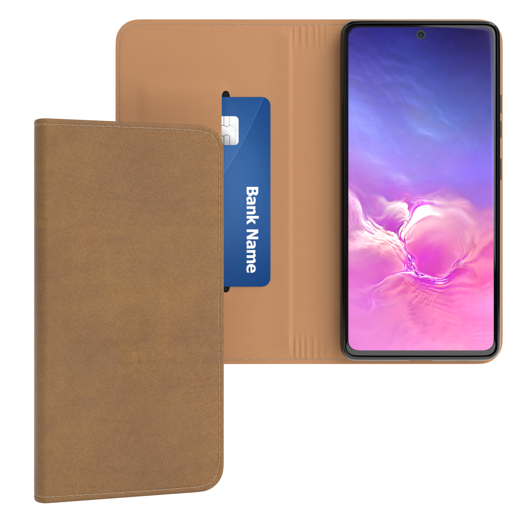 Braune Handyhülle mit blauer Karte im Schlitz und Telefon mit pinkem Bildschirm.