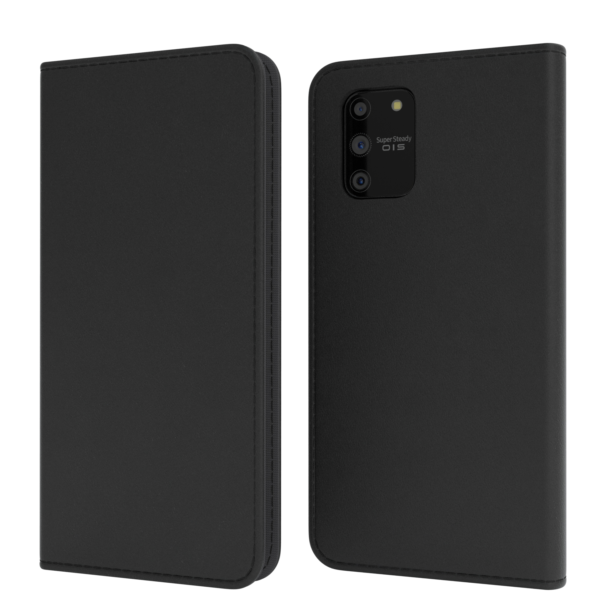 Schwarze Handyhülle, geschlossen, mit Dual-Kamera. Die Hülle befindet sich auf weißem Hintergrund.