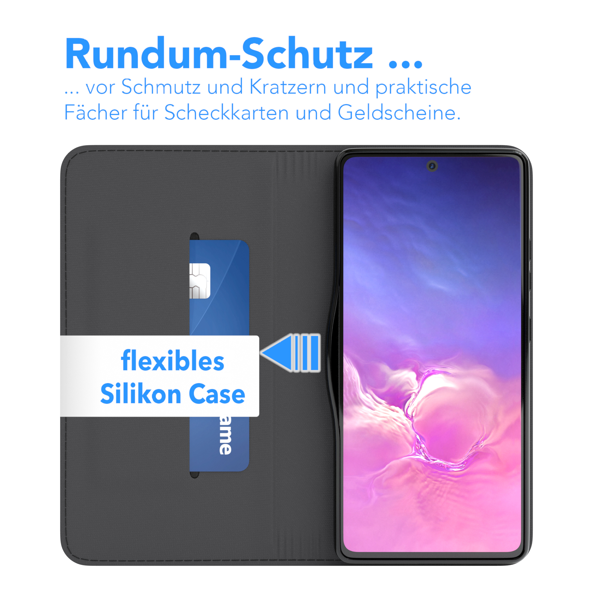 Telefon in einer Hülle mit Karte. Text: 'flexibles Silikon Case' und 'Rundum-Schutz'.