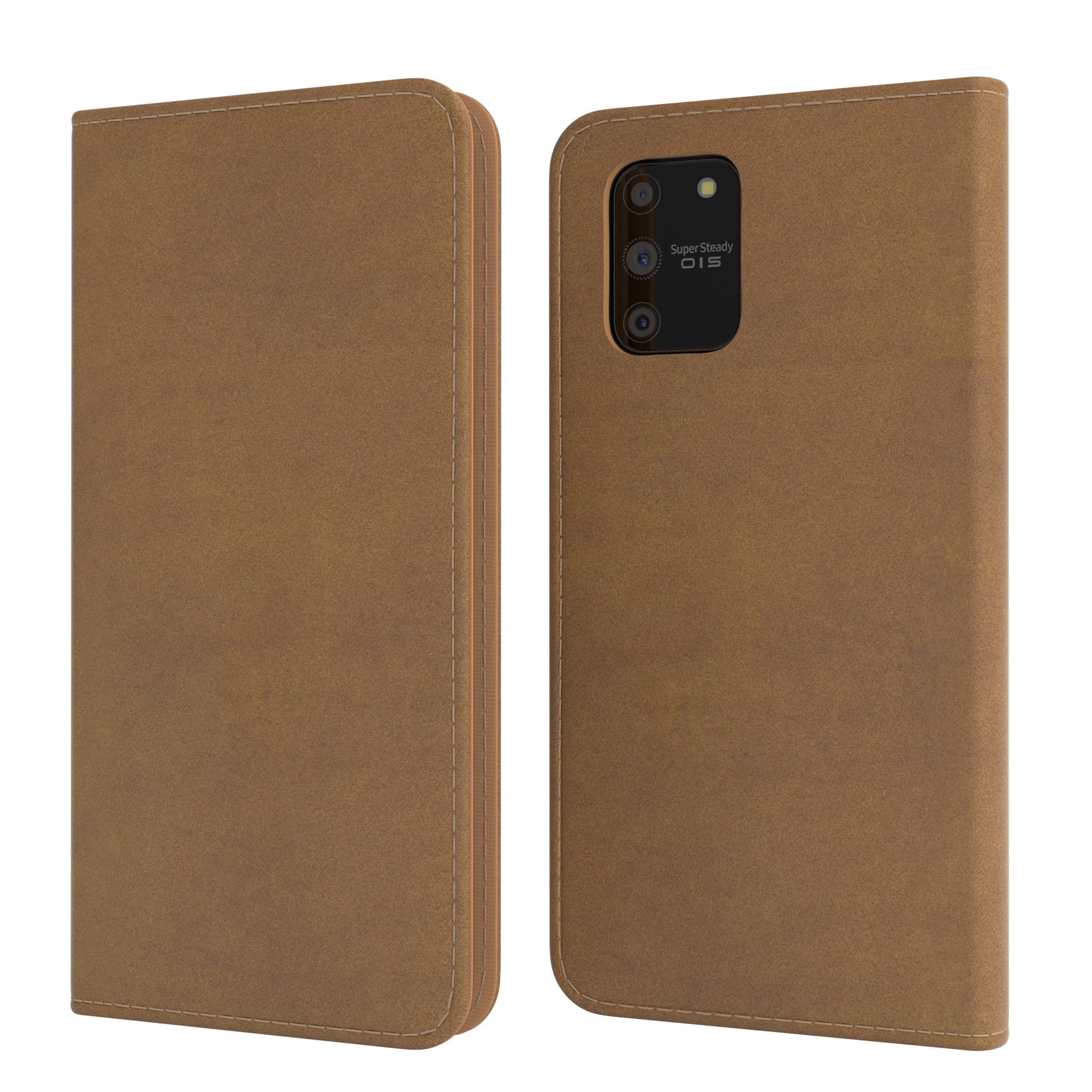 Zwei braune Leder-Handyhüllen, eine gefaltet und eine offen, für ein Smartphone.