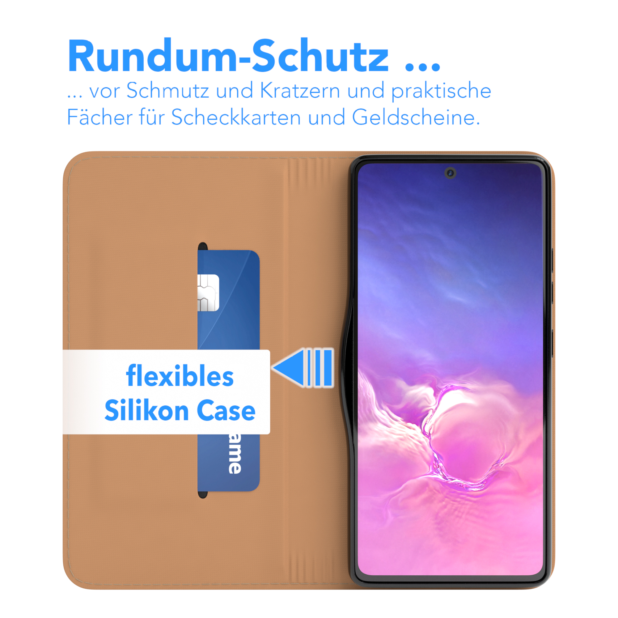 Telefon in Hülle mit Kreditkarte. Text: 'Flexibles Silikon Case' und deutscher Text.