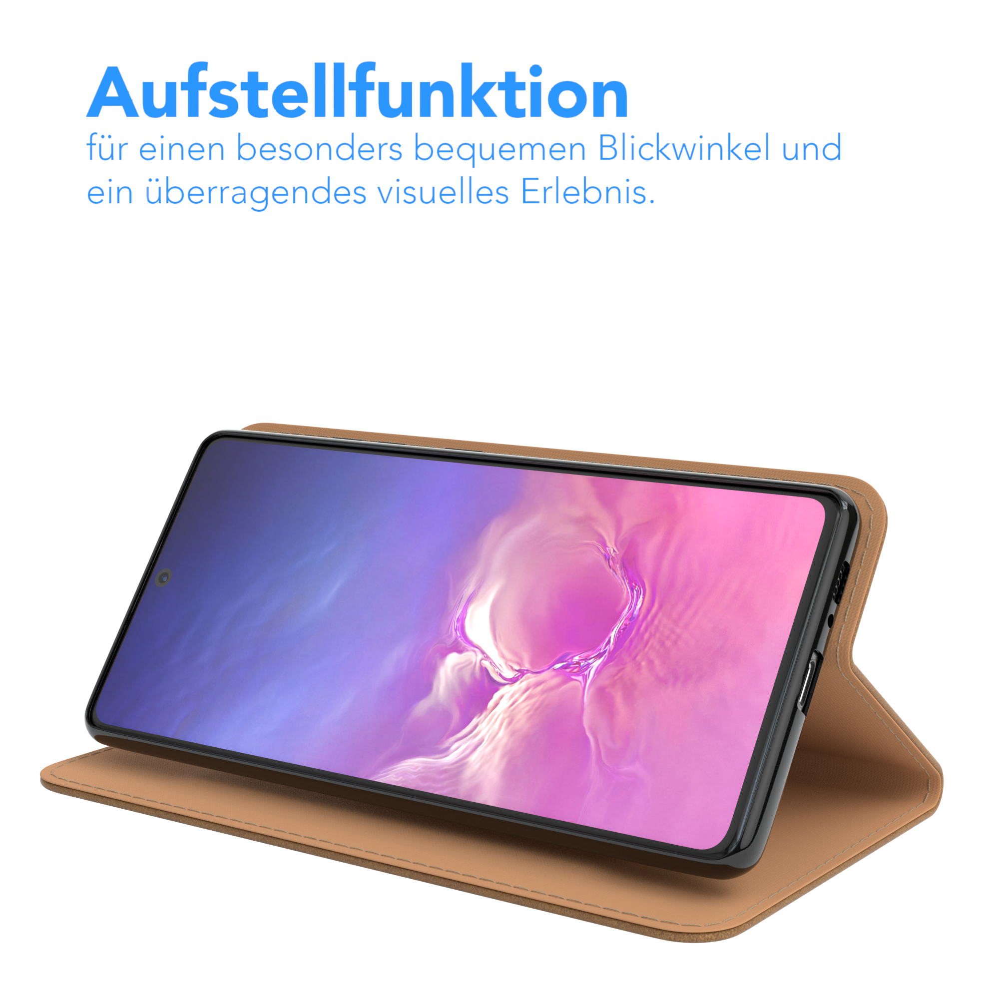 Hellbraune Handyhülle mit Handy, aufgestellt. Text deutet auf einen einfachen Betrachtungswinkel hin.