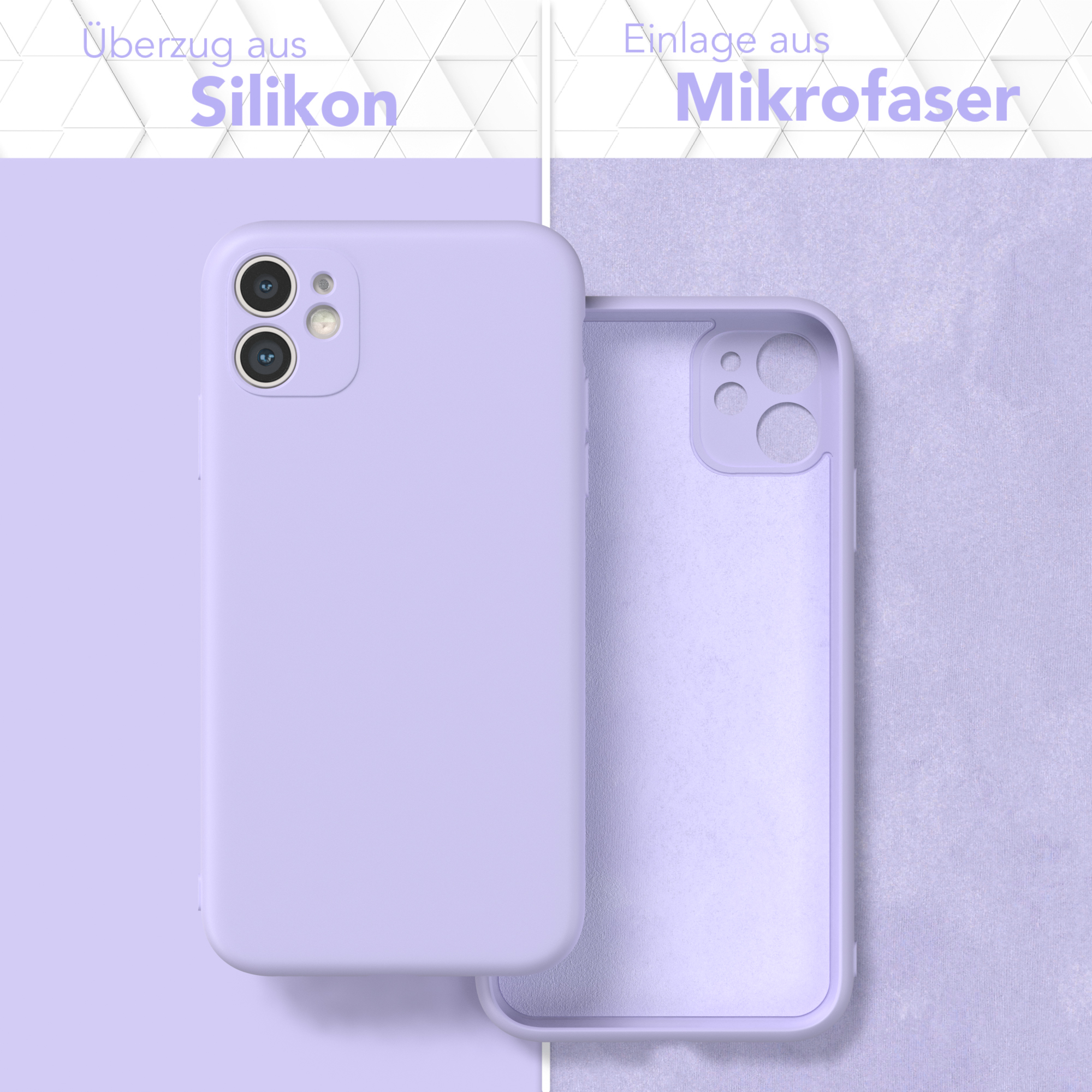 Eine lila Handyhülle mit Silikon außen und Mikrofaser innen.