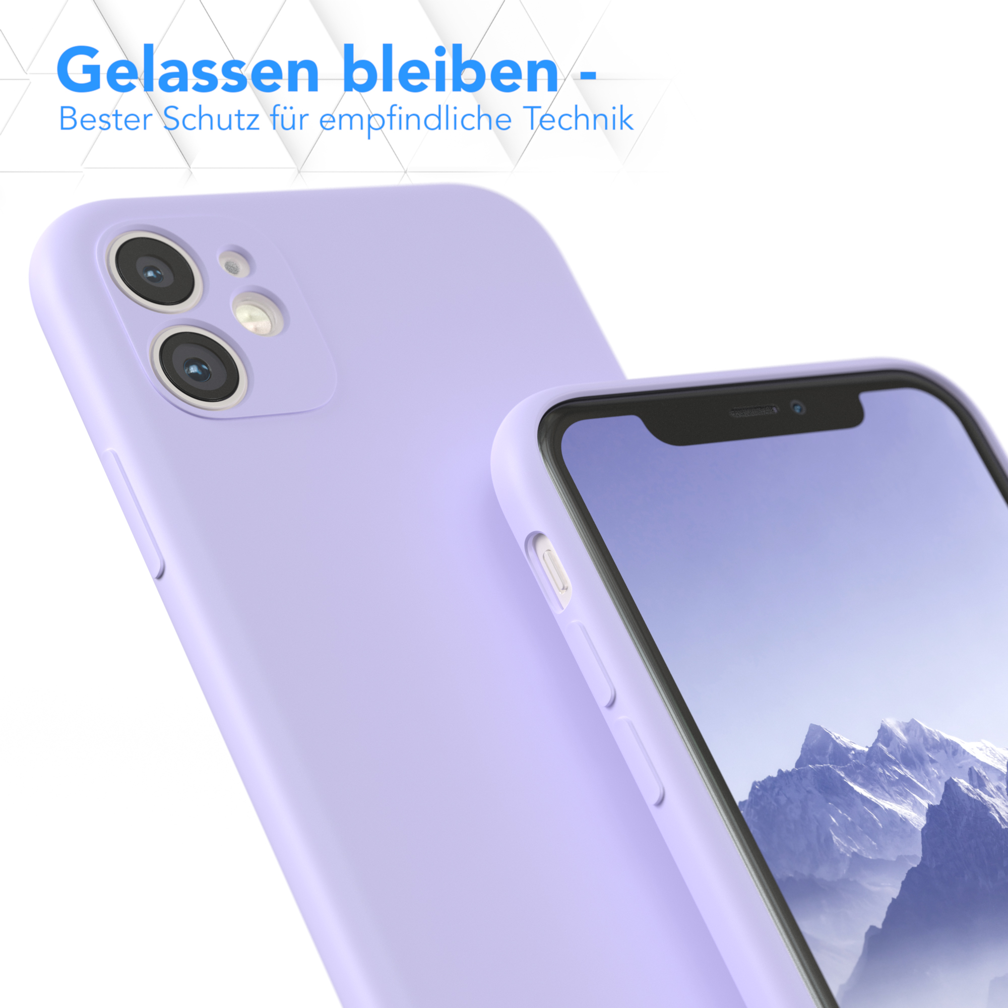 Eine hellviolette Handyhülle und ein Telefon auf weißem Untergrund. Das Telefon zeigt einen dunklen Bildschirm.