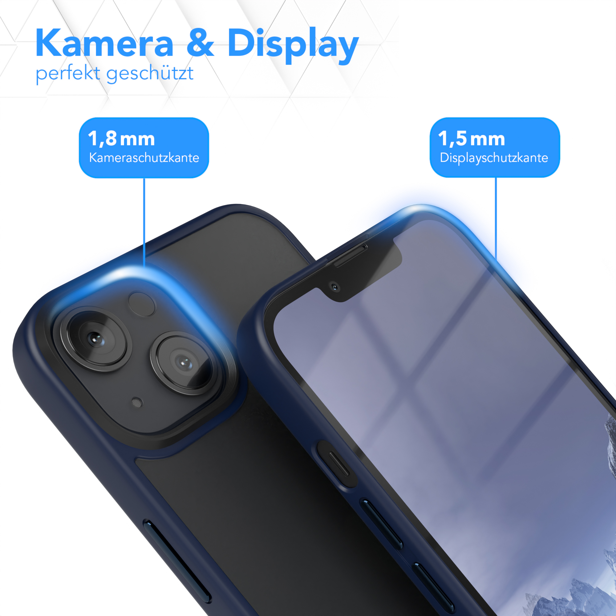 Nahaufnahme einer Handyhülle und eines Telefons. Die Hülle ist blau und das Telefon schwarz, mit Maßen.