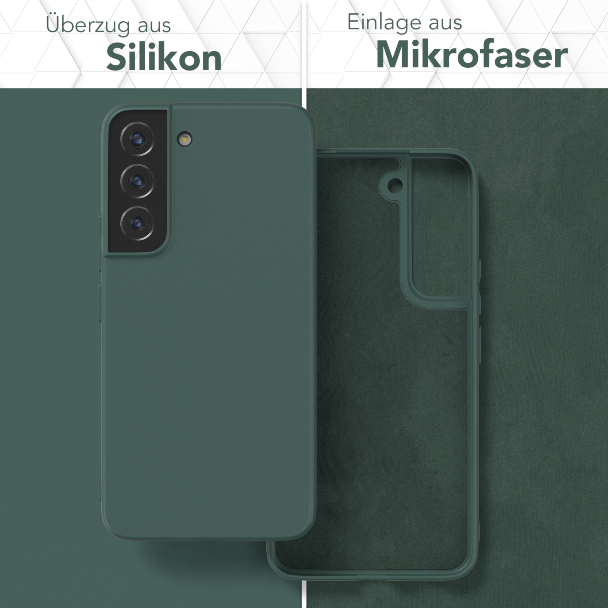 Grüne Handyhülle. Zeigt Silikonaußenseite und Mikrofaserinnenseite einer Handyhülle.