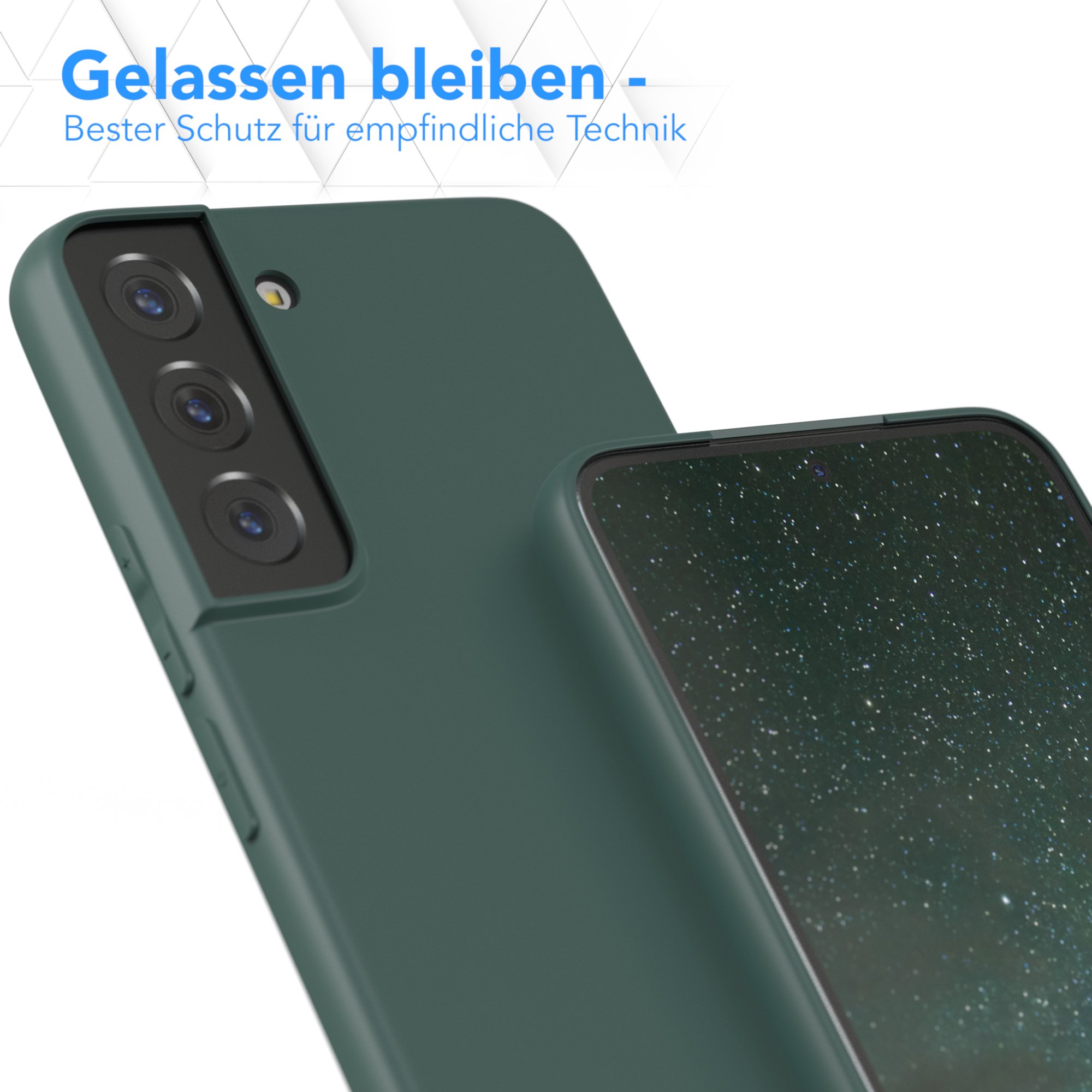 Grüne Handyhülle, Nahaufnahme. Text: Bester Schutz für empfindliche Technik.