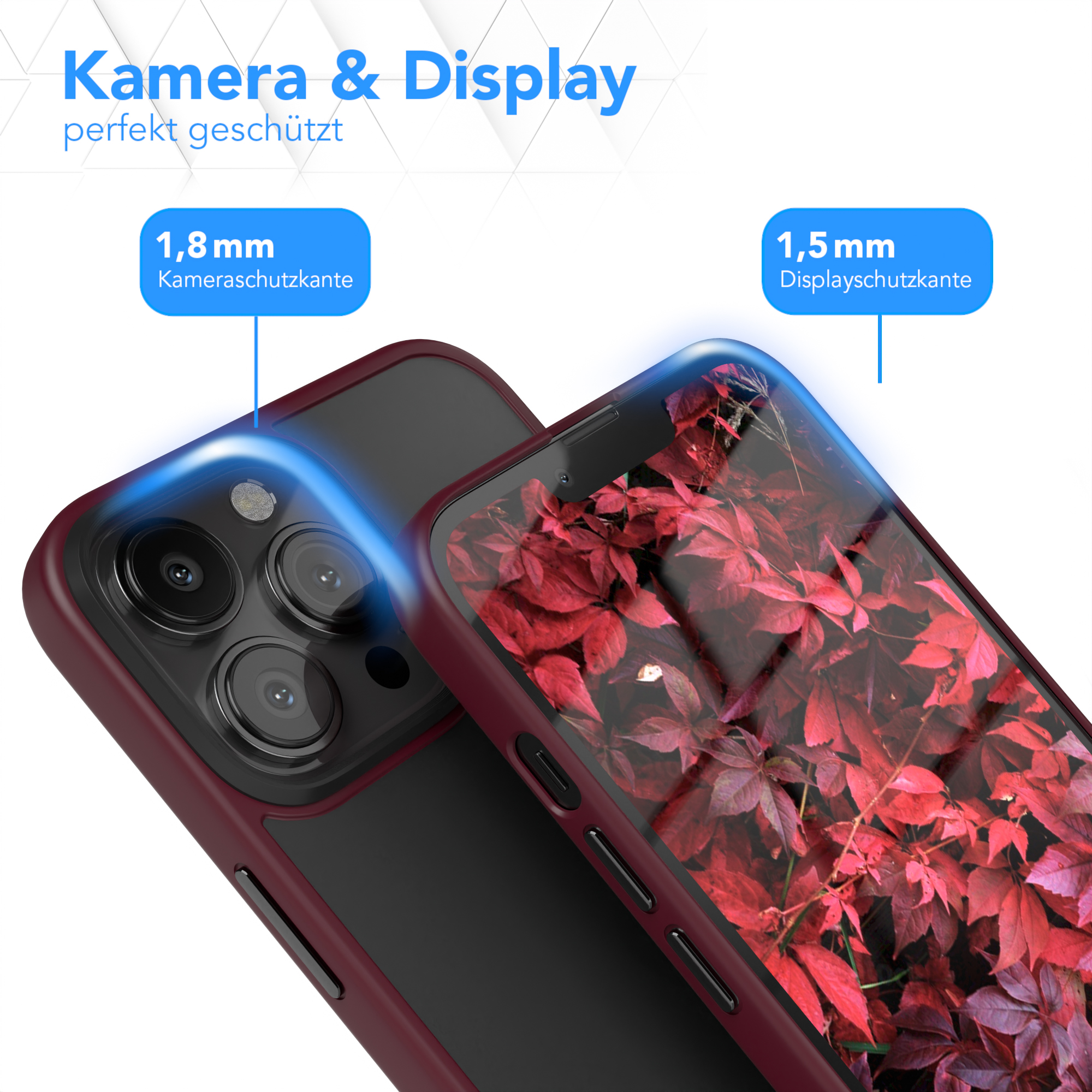 Nahaufnahme von zwei Handyhüllen. Eine ist geöffnet und zeigt ein rotes Blattmuster. Text: Kamera & Display geschützt.