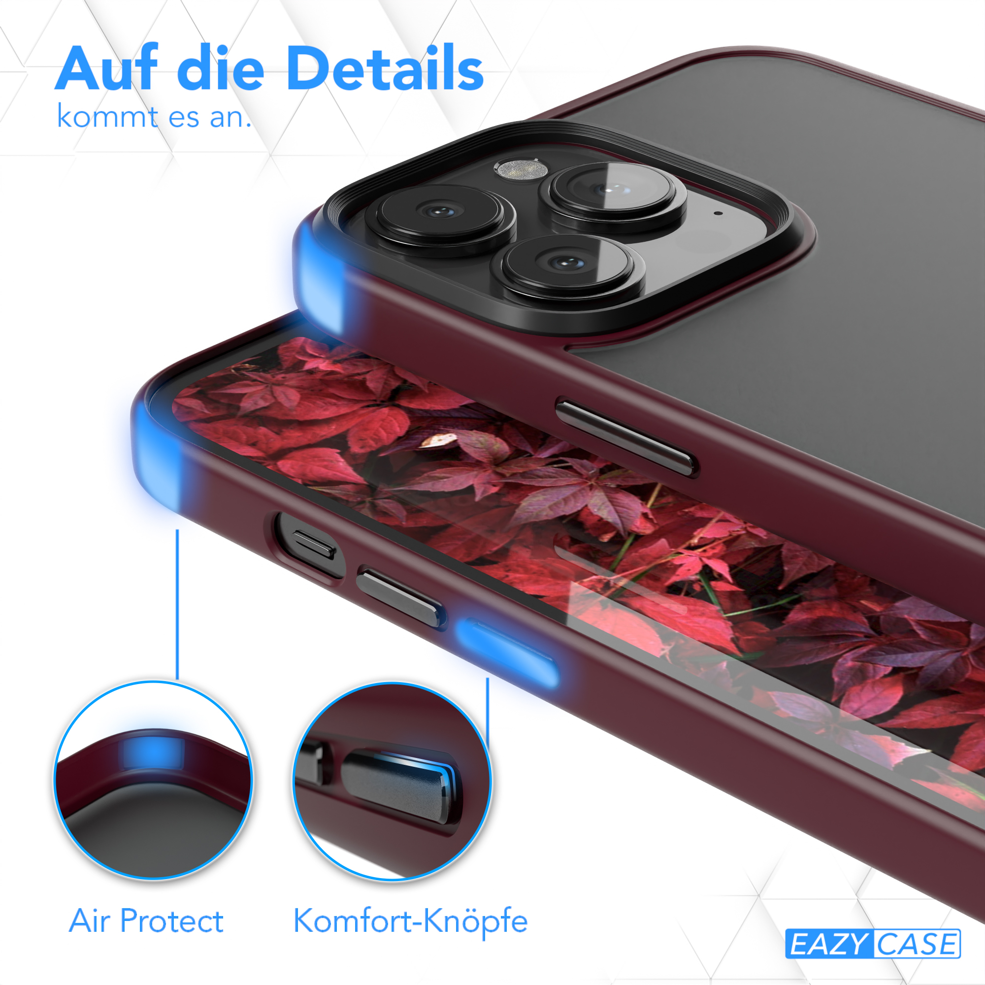 Nahaufnahme einer Handyhülle mit burgunderrotem Rahmen und rotem Blättermotiv. Air-Protect- und Komfortknöpfe.