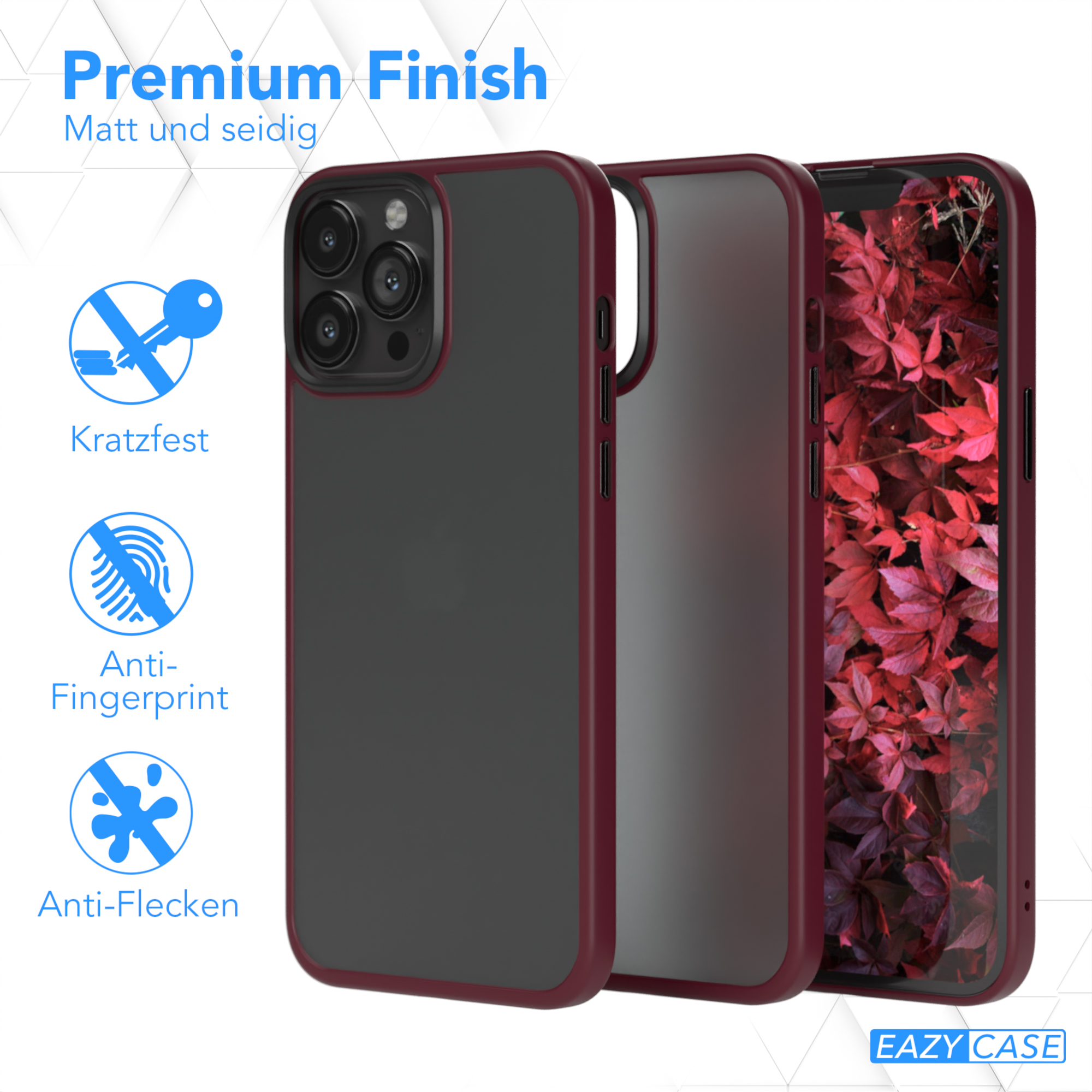 Handyhülle mit schwarzem Telefon, Text 'Premium Finish' und Symbole für Schutz.