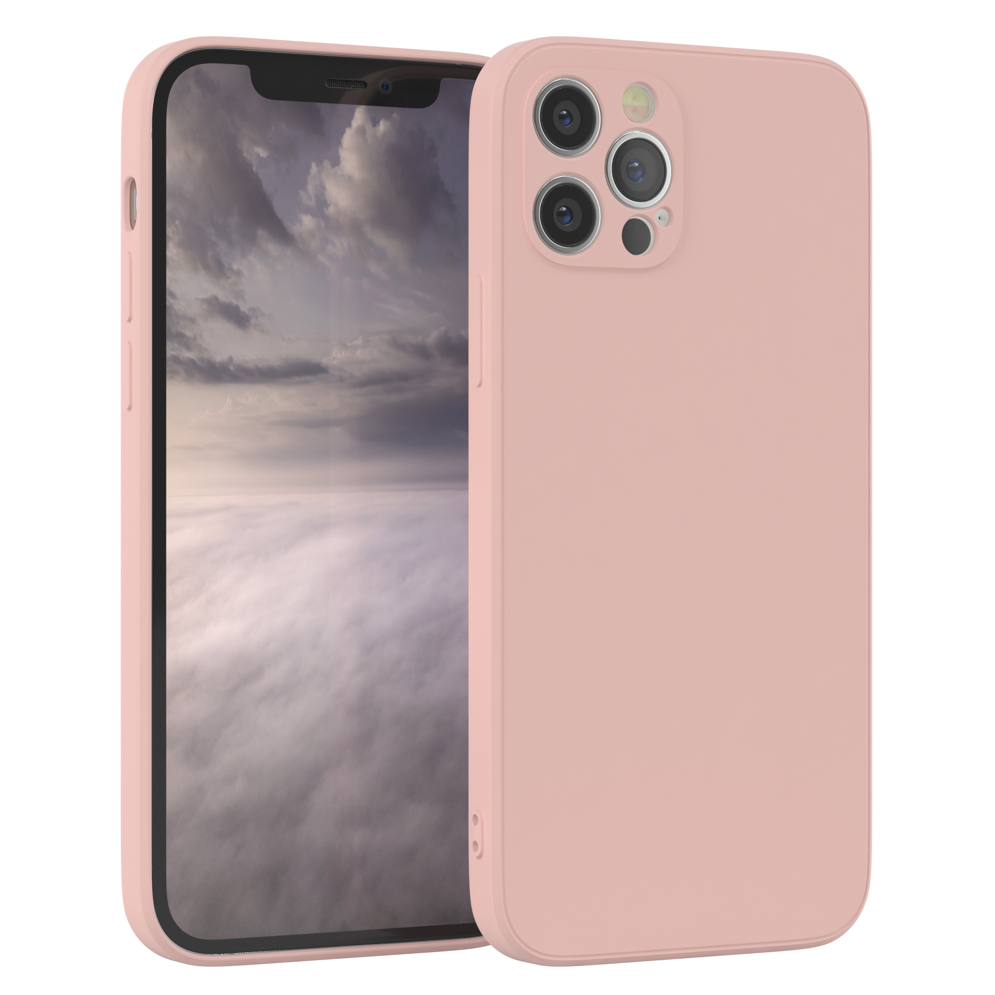 Zwei rosa Handyhüllen mit einem Telefon. Weißer Hintergrund.