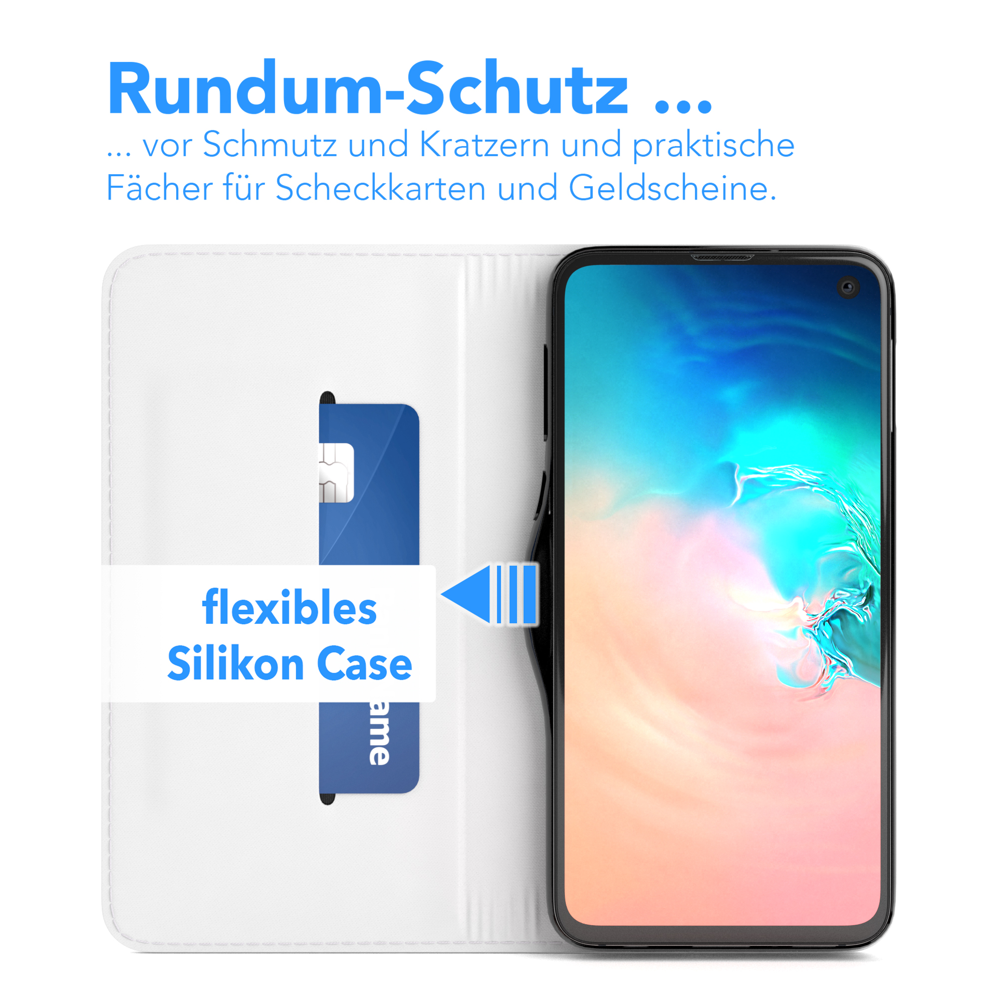 Ein Telefon in einer weißen Hülle, mit einer blauen Karte sichtbar. Text: flexibles Silikon Case und Rundum-Schutz.
