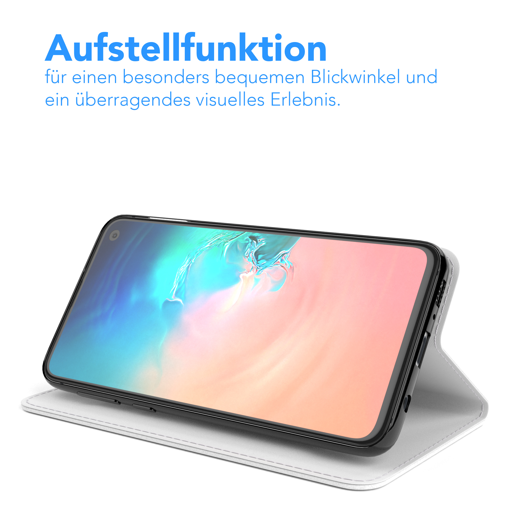 Ein Telefon in einer Hülle ist aufgestellt. Text oben: 'Aufstellfunktion'. Weißer Hintergrund.