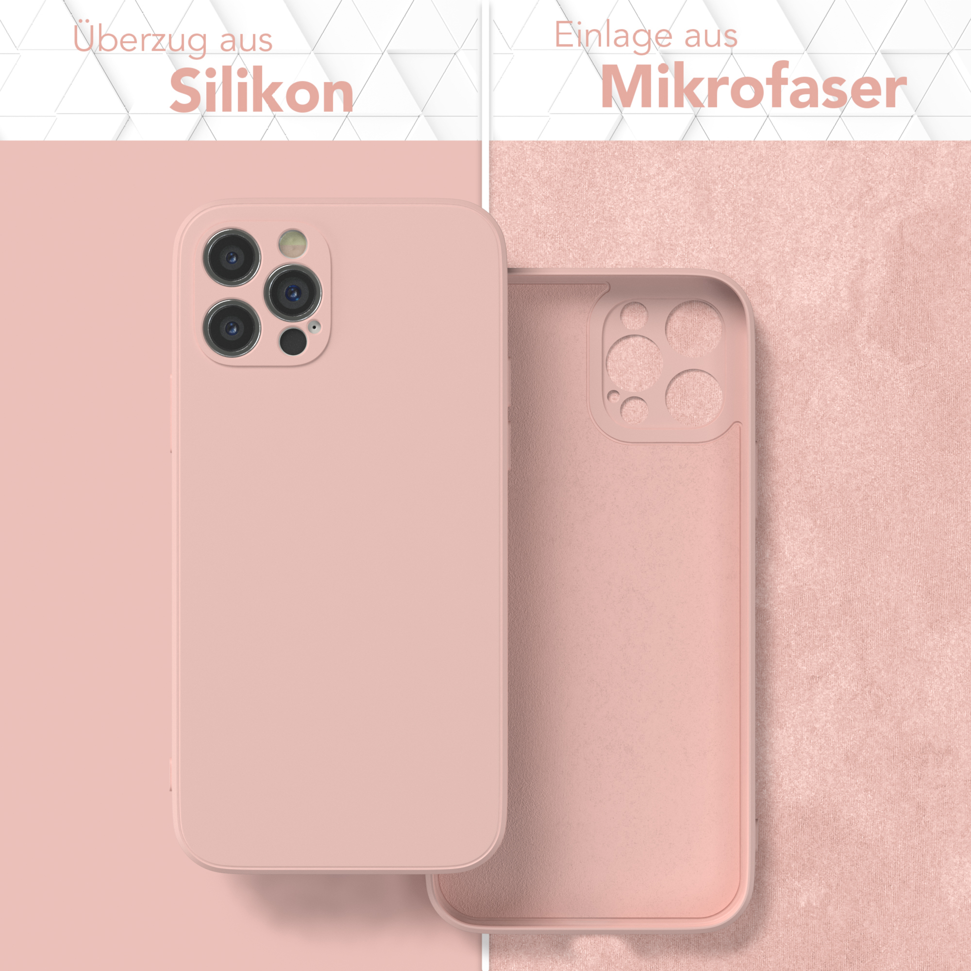 Pinke Handyhülle innen und außen, mit deutschem Text über Silikon und Mikrofaser.