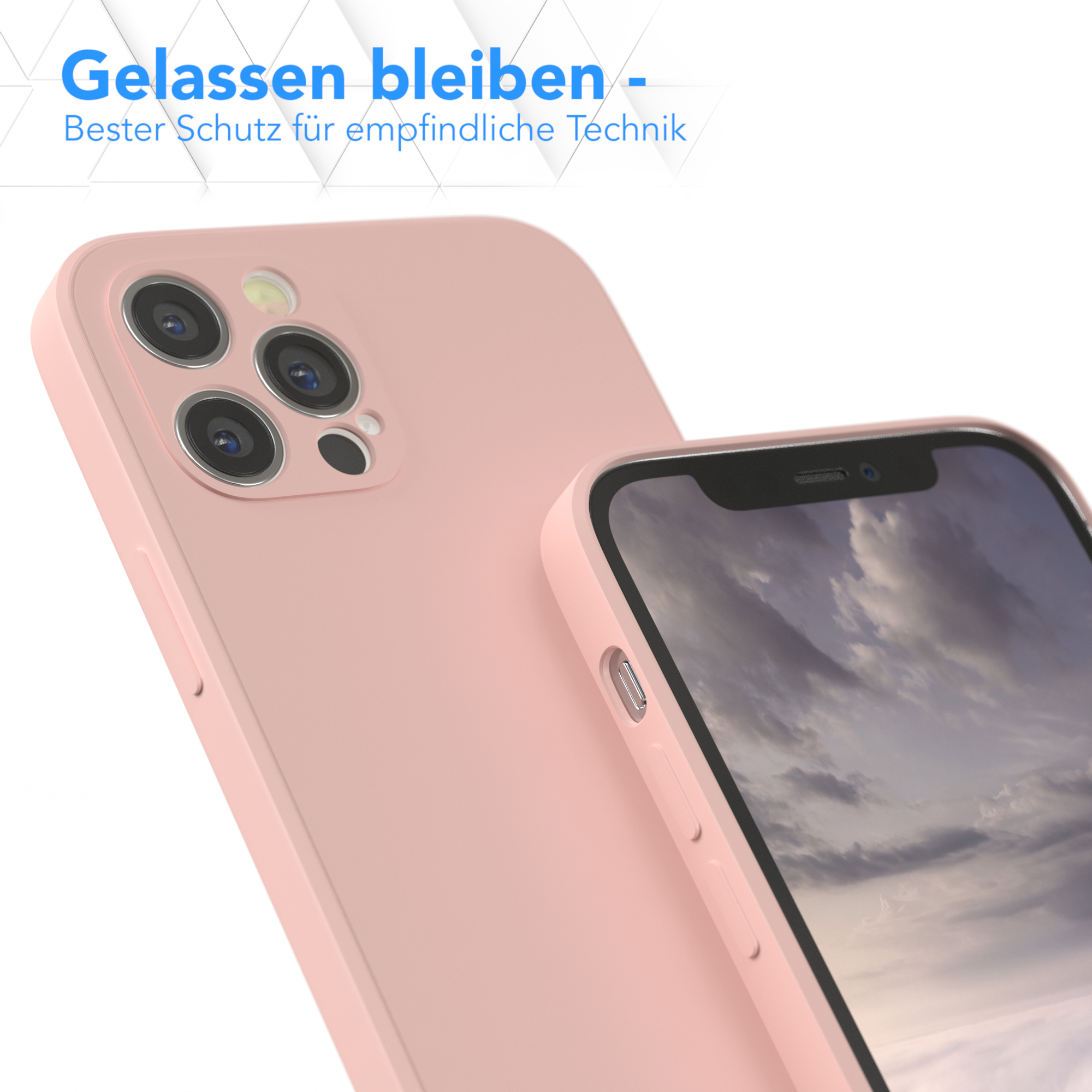 Zwei rosa Handyhüllen, eine mit Telefon. Text: Bester Schutz für empfindliche Technik.
