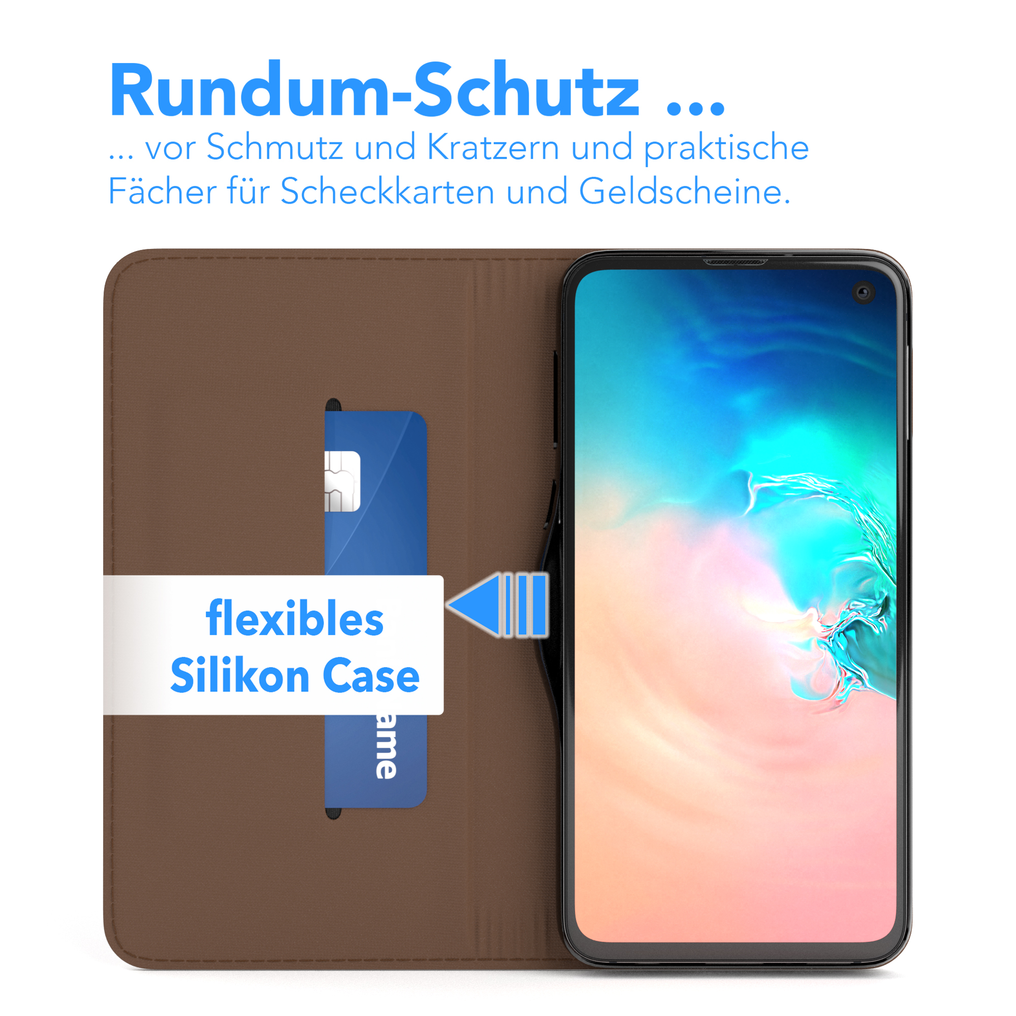 Braune Handyhülle mit sichtbarer Kreditkarte. Es hat Text, der besagt, flexible Silikonhülle.