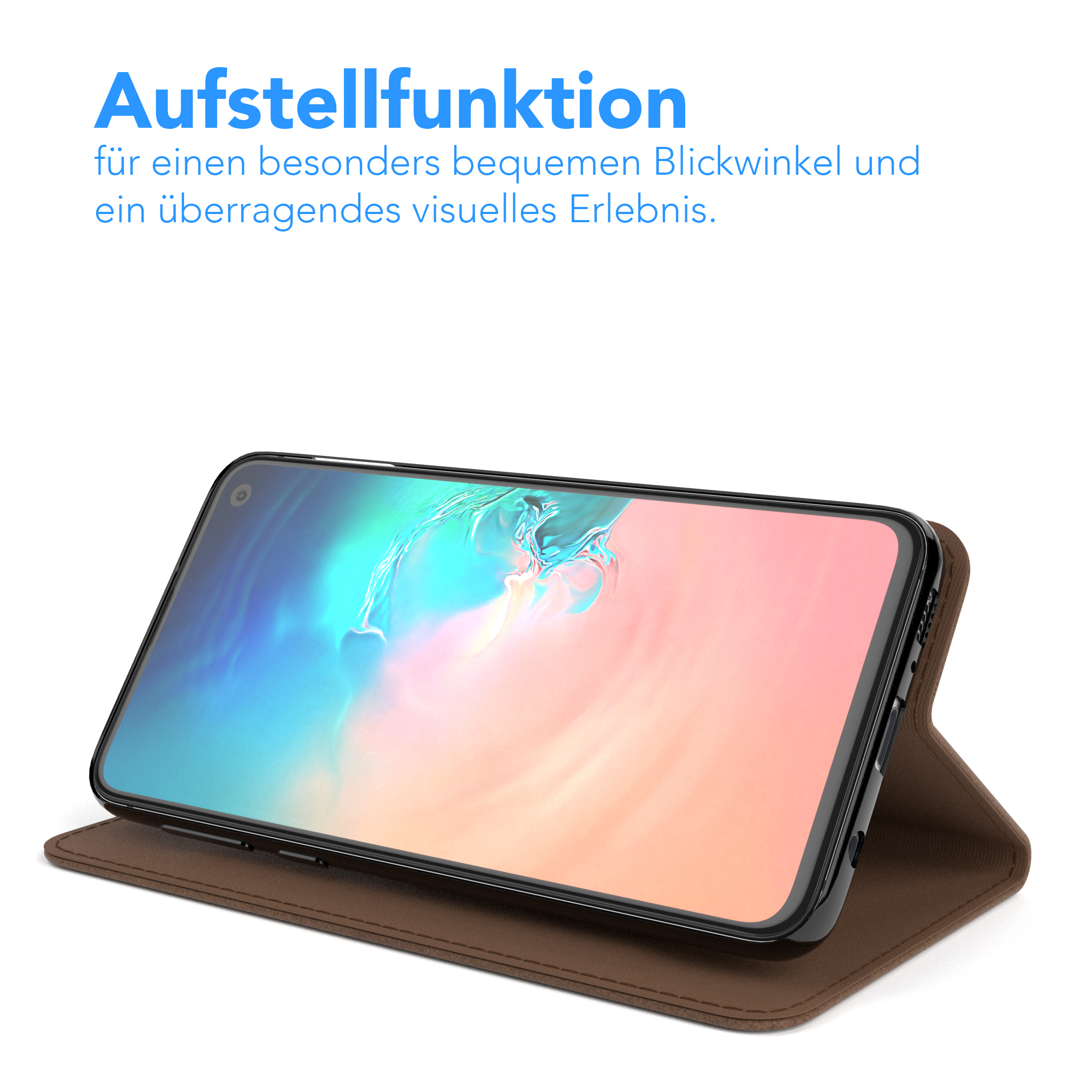 Ein Telefon in einer Hülle, aufgestellt, um den Bildschirm zu betrachten, mit Text auf Deutsch.