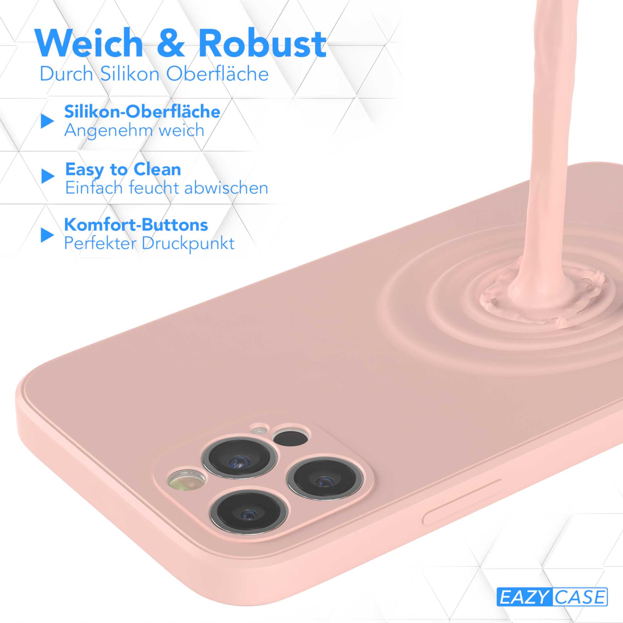 Rosa Handyhülle mit Flüssigkeit, Text oben: Weich & Robust, und die Marke EAZY CASE unten.