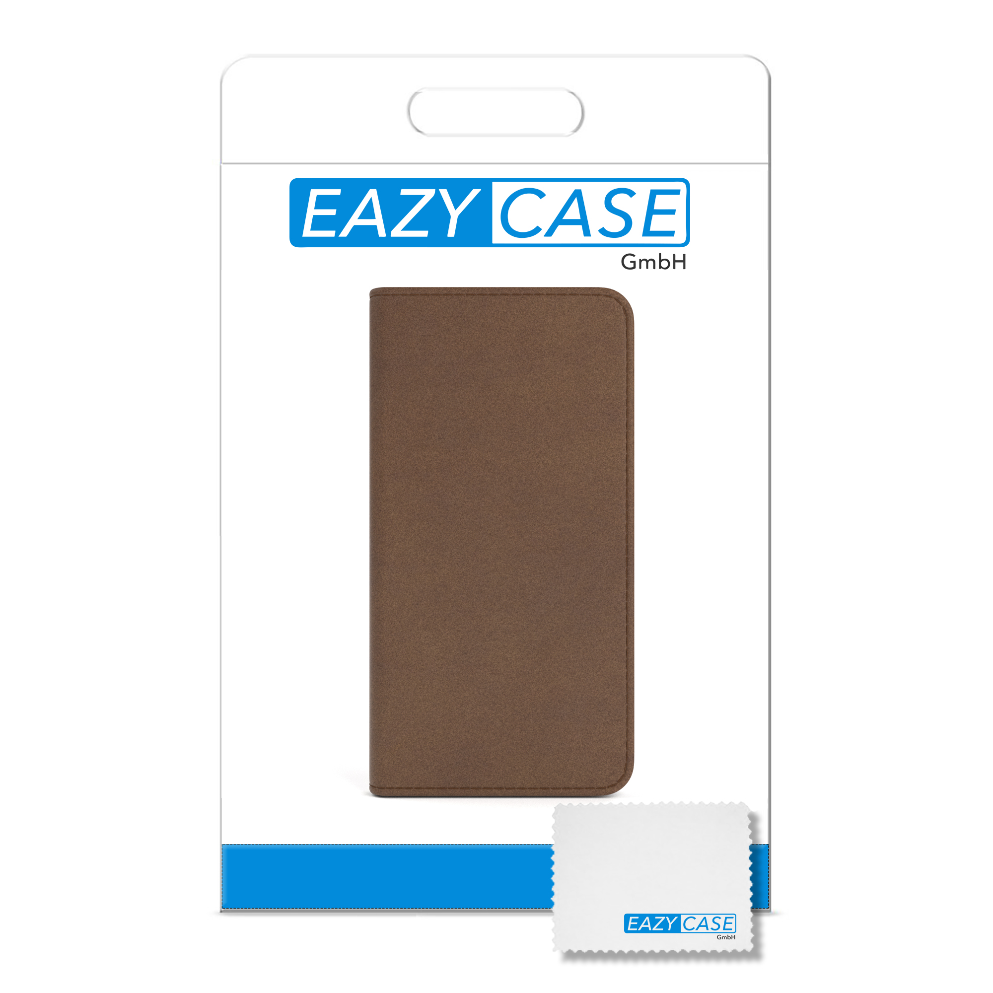 Eine braune Handyhülle in einer weiß-blauen Verpackung mit einem Reinigungstuch.