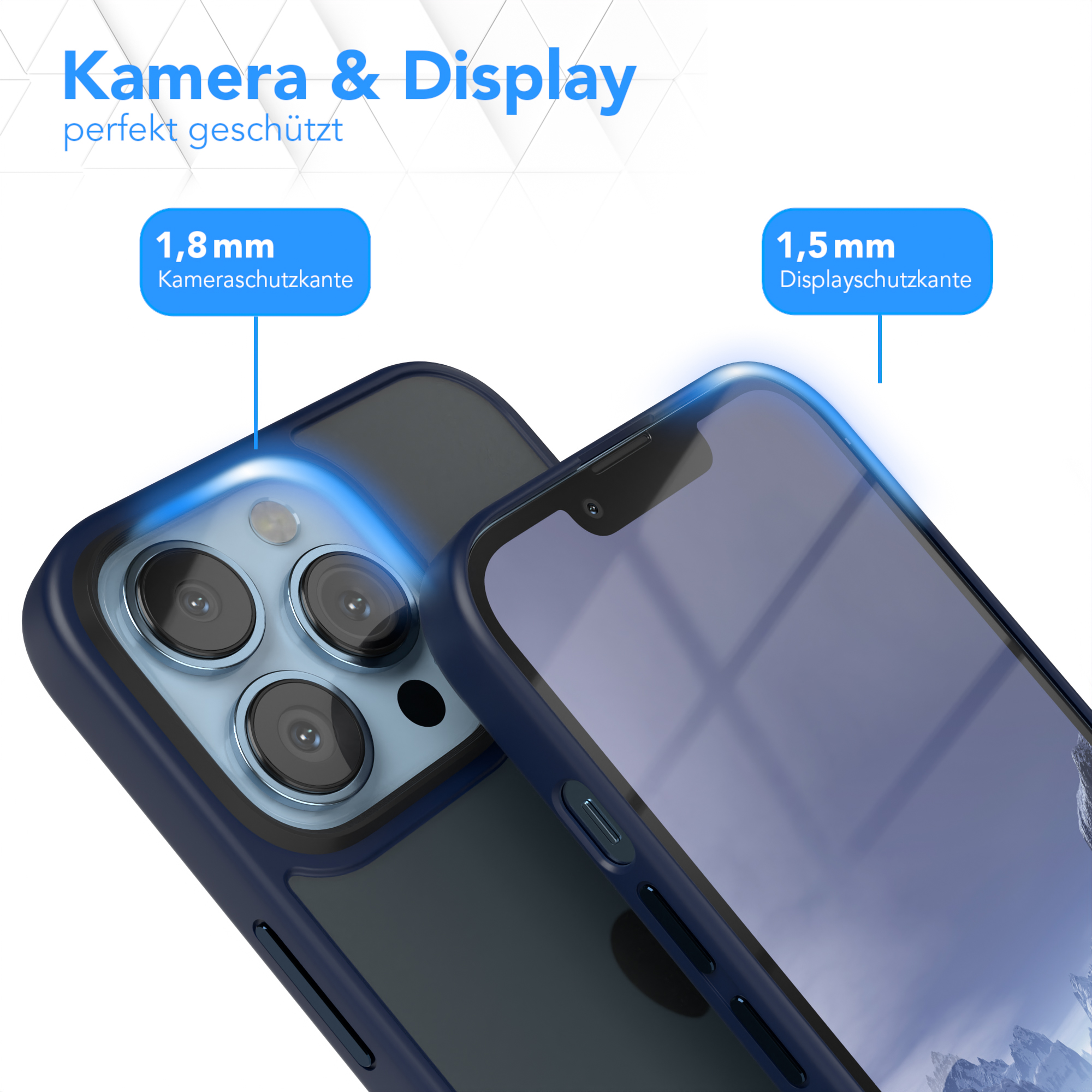 Handyhülle schützt ein Telefon. Die Hülle ist blau und der Bildschirm ist sichtbar. Text weist auf Kamera- und Displayschutz hin.