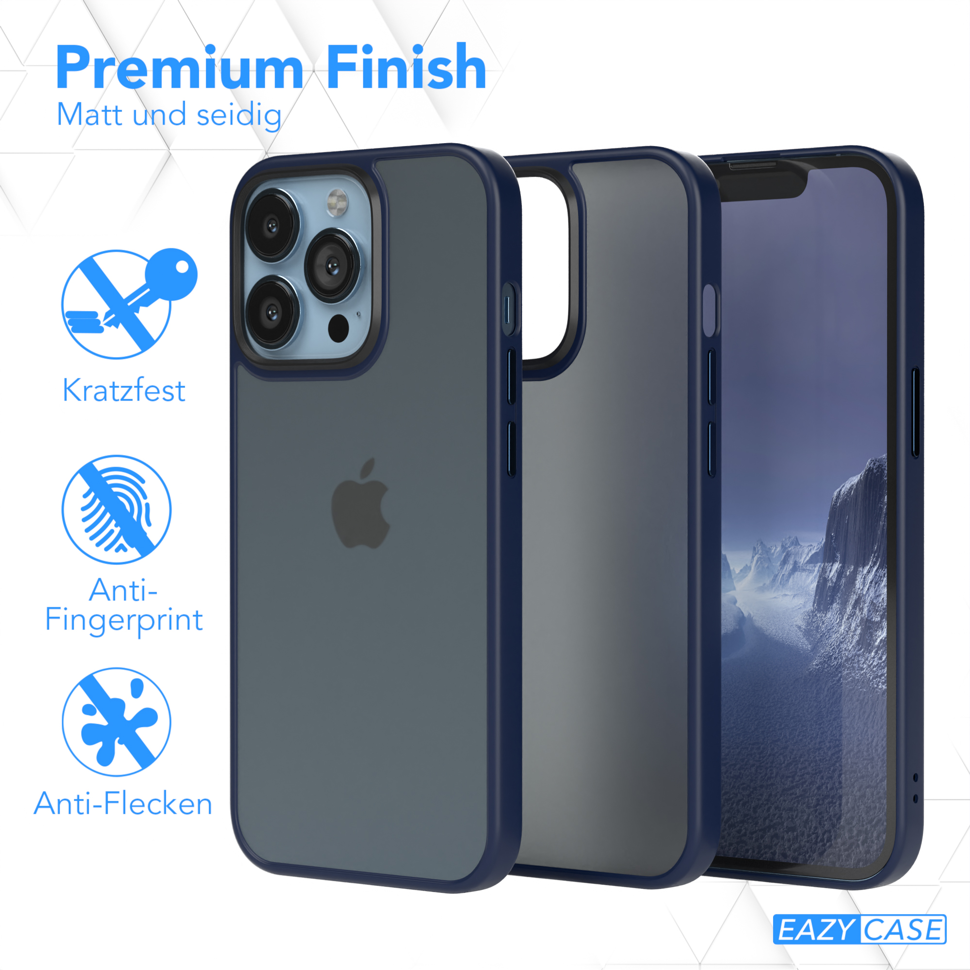 Drei Handyhüllen und ein Telefon. Textetiketten sind sichtbar. Produkt ist die Marke EAZY CASE.