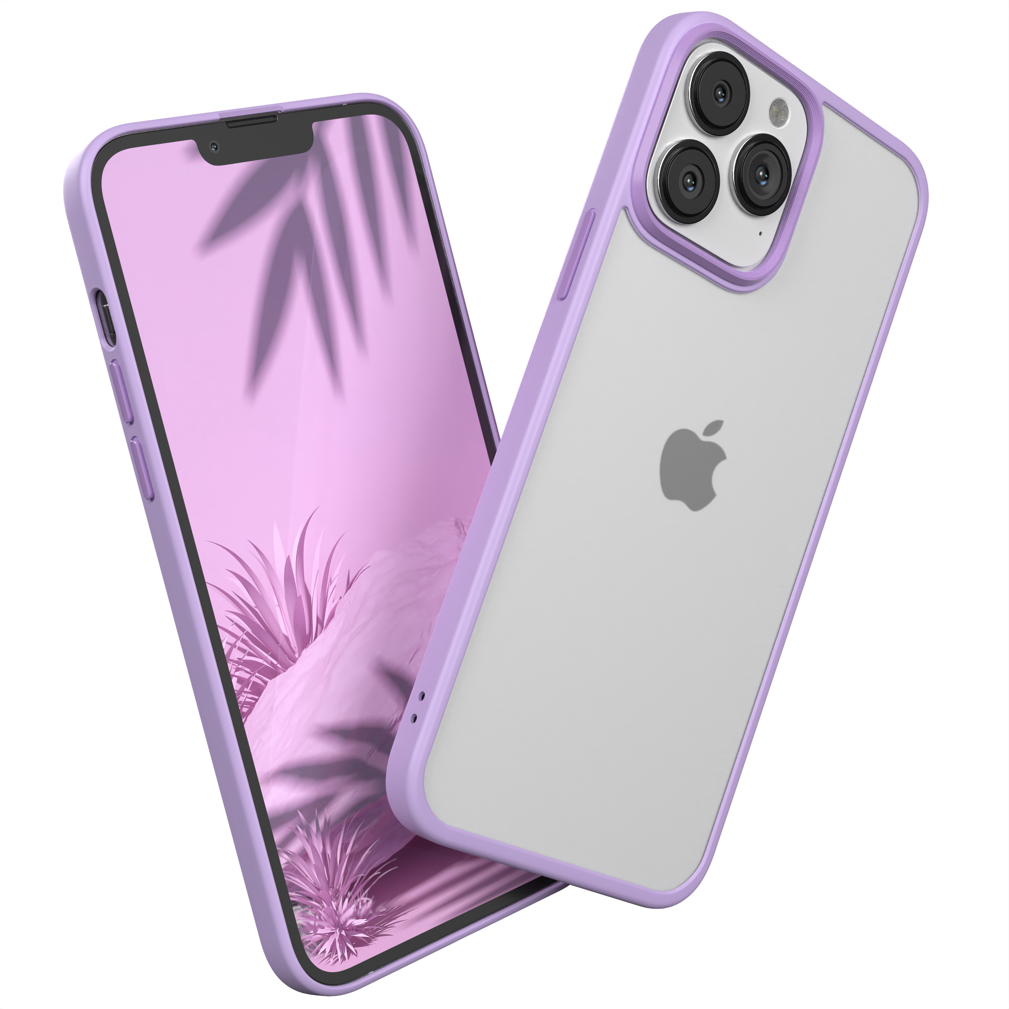Zwei Telefone. Eines mit lila Hülle, das andere mit klarer Hülle. Apple-Logo.