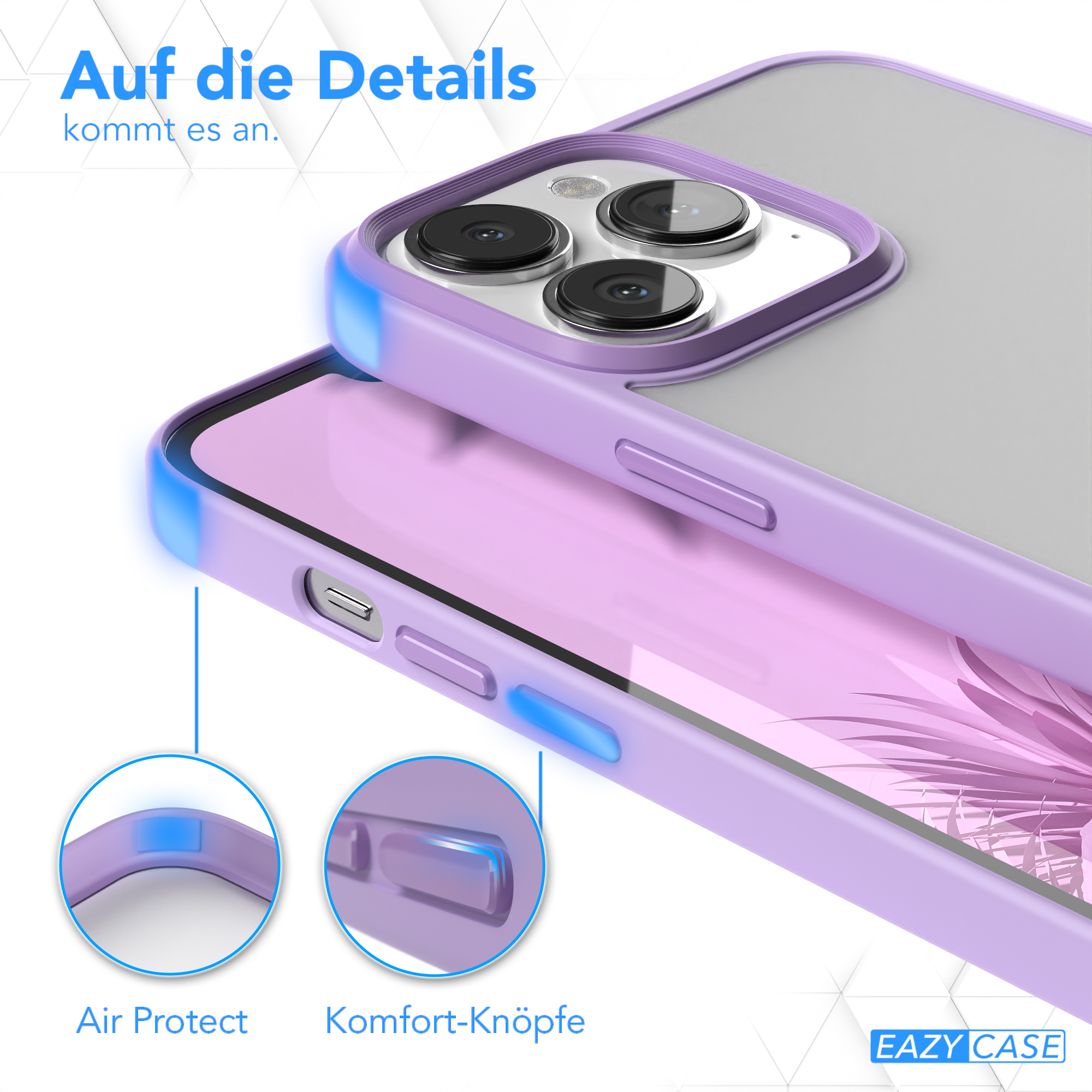 Lila und transparente Handyhülle, mit Detailbildern der Eigenschaften. Deutscher Text.