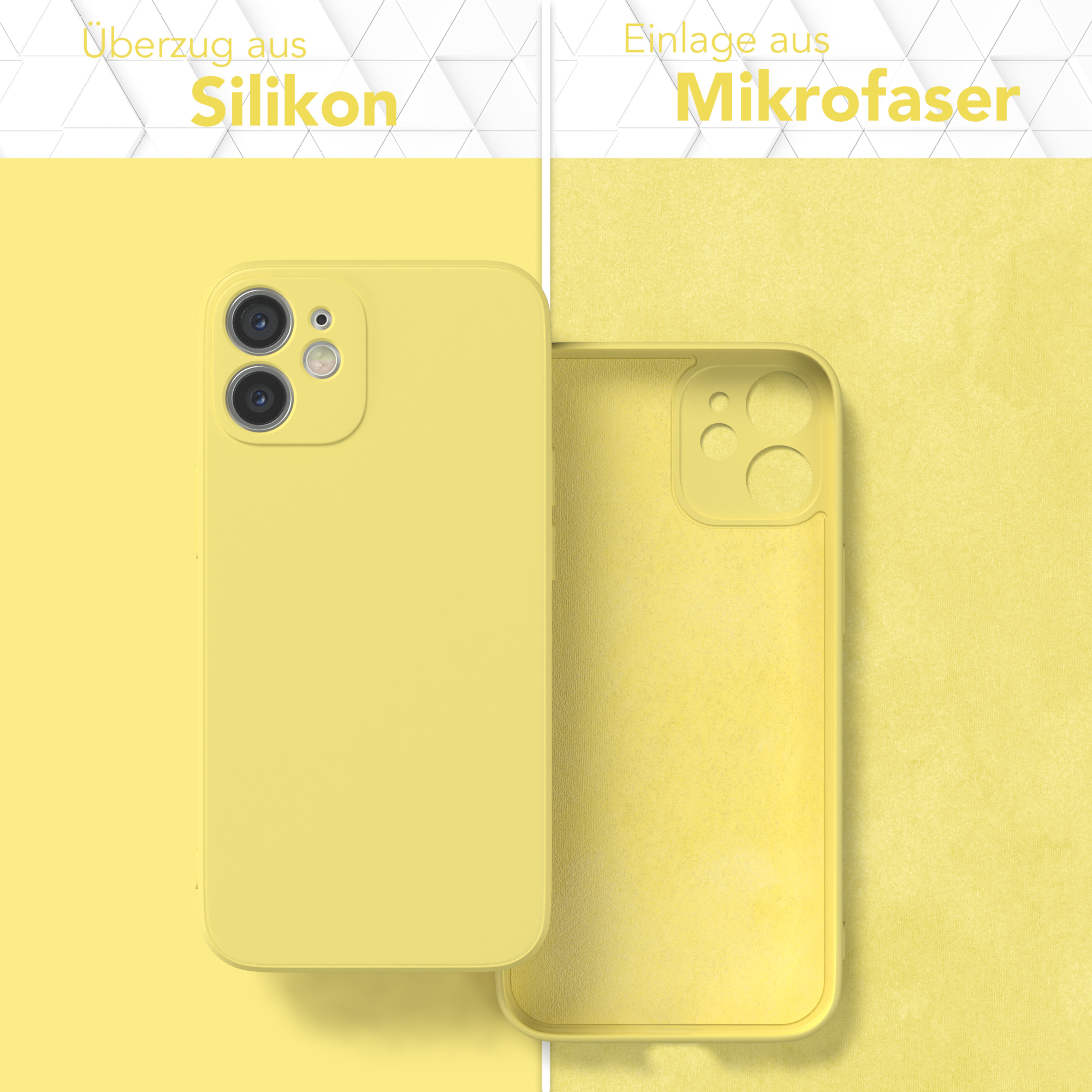 Gelbe Handyhülle mit Silikon-Überzug und Mikrofaser-Einlage, gelber Hintergrund.