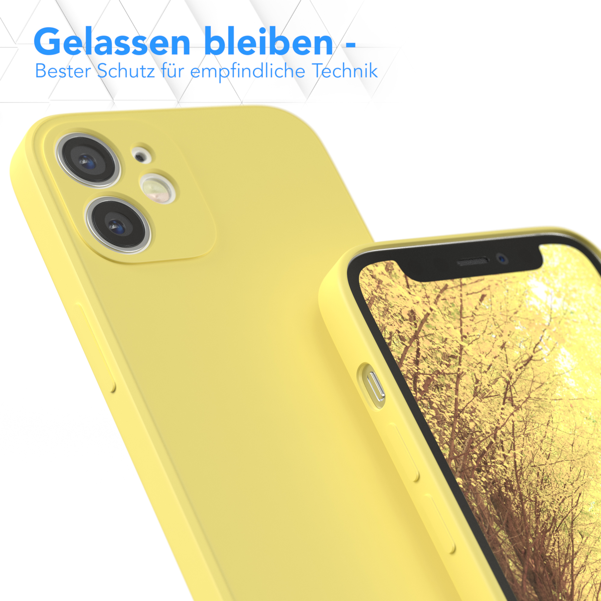 Gelbe Handyhülle, Nahaufnahme. Text: Gelassen bleiben, Bester Schutz für empfindliche Technik.