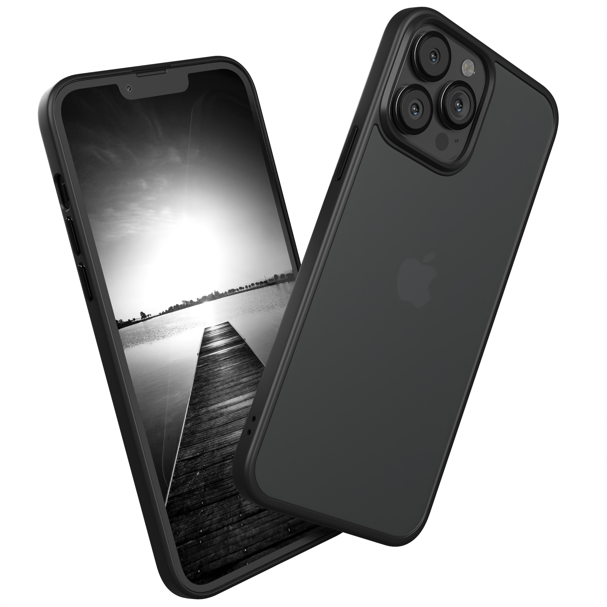 Zwei schwarze Handyhüllen, eine auf einem Telefon mit See-Bild und die andere zeigt die Rückseite.