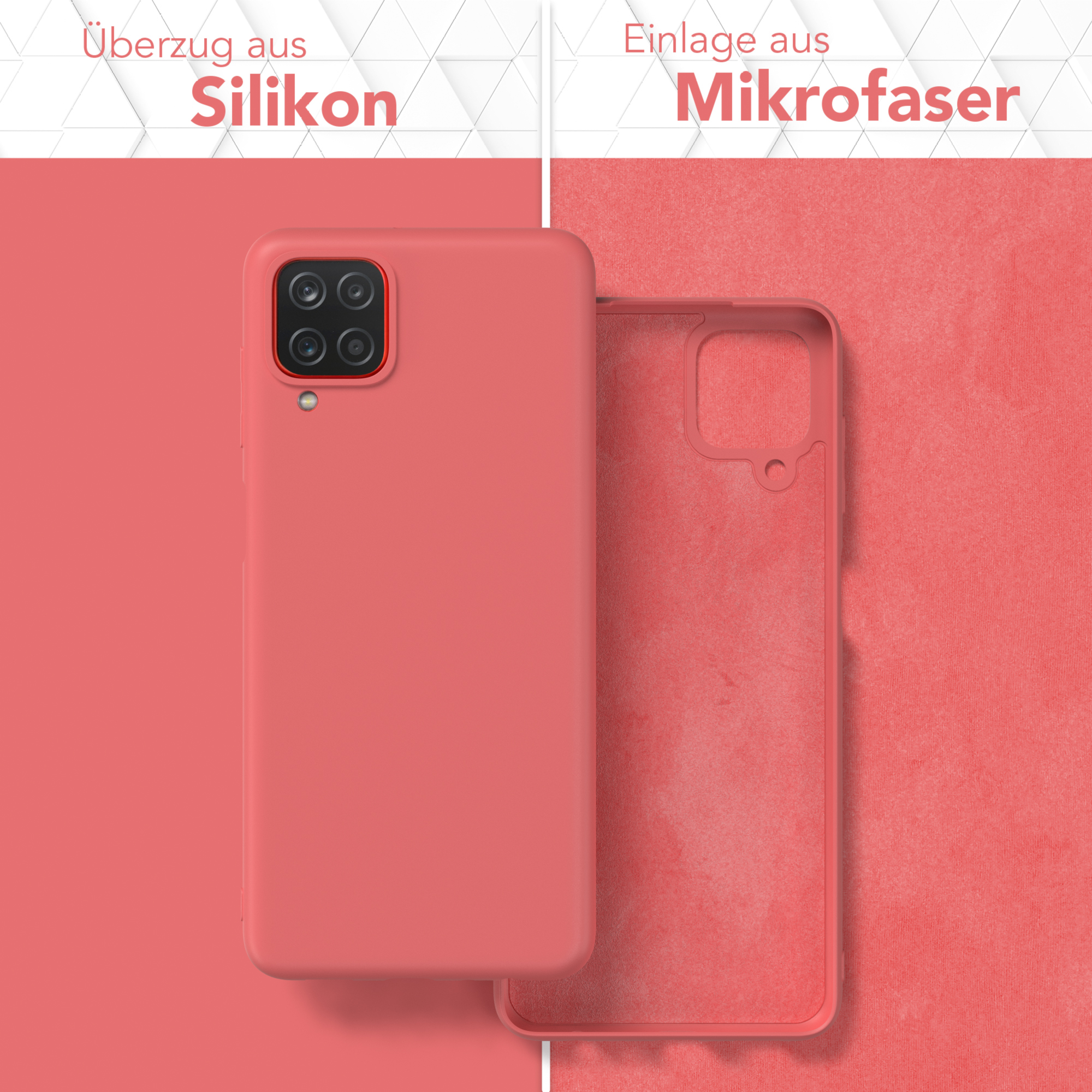 Korallenfarbene Handyhülle mit Telefon und Mikrofaserfutter, auf korallenfarbenem Hintergrund.
